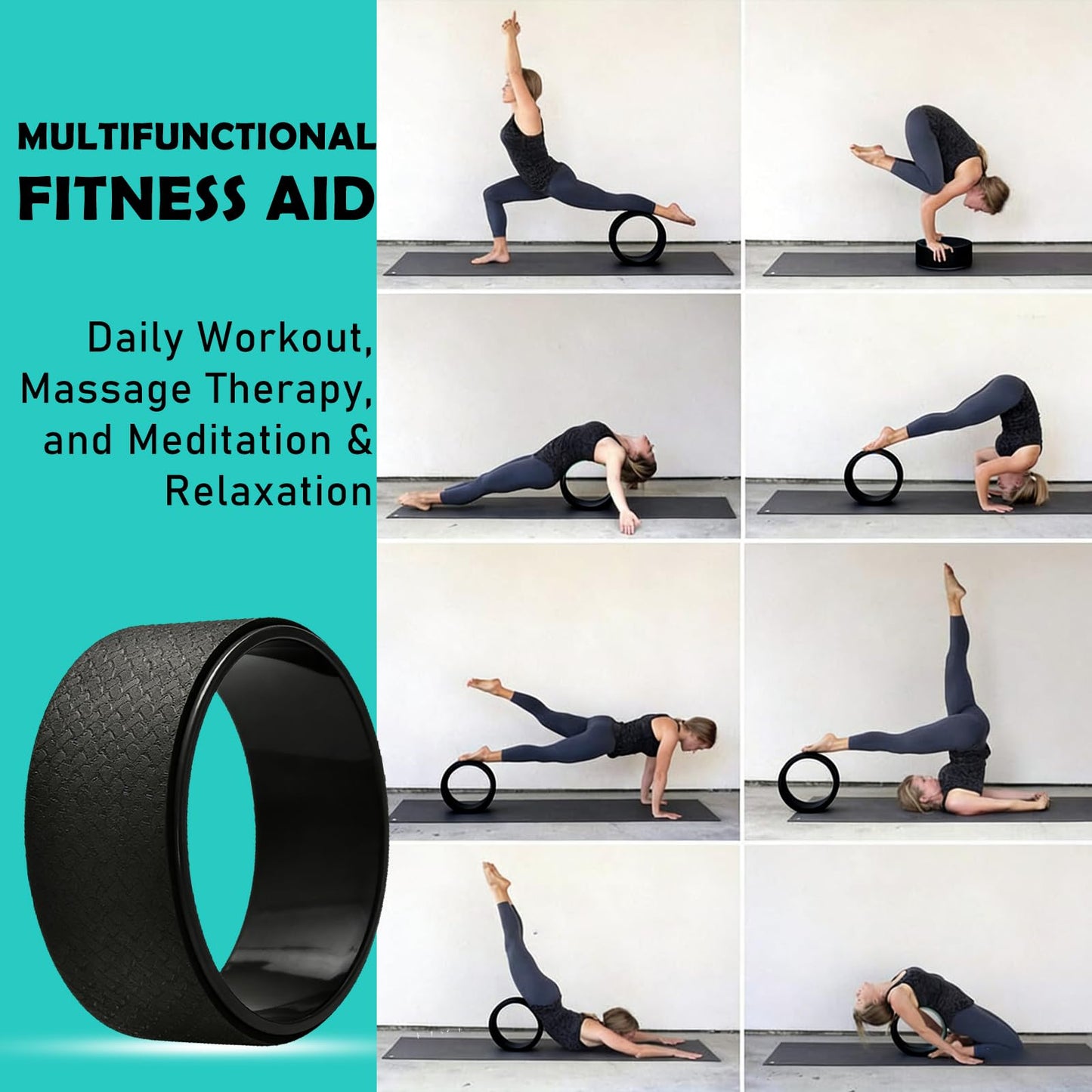 NGT 13 inch Yoga Wheel for Back Pain Strongest and Most Comfortable Dharma Yoga Prop Wheel with Free Bands (black-black)