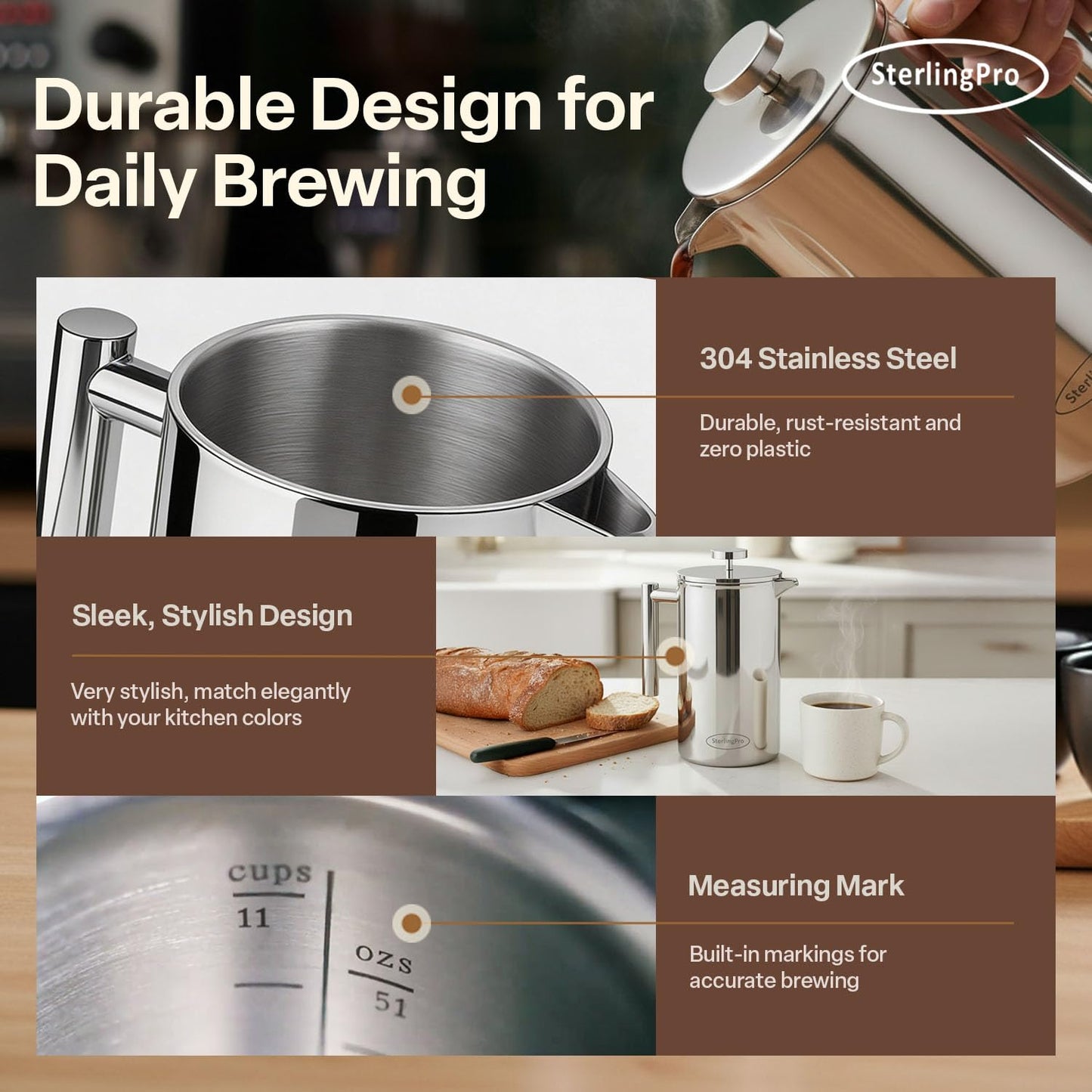 SterlingPro 1.5 L 51 oz Mirror Large French Press Coffee Maker and 2 Pack Replacement Screens Bundle Stainless Steel Double Wall Insulated for Tea and Coffee
