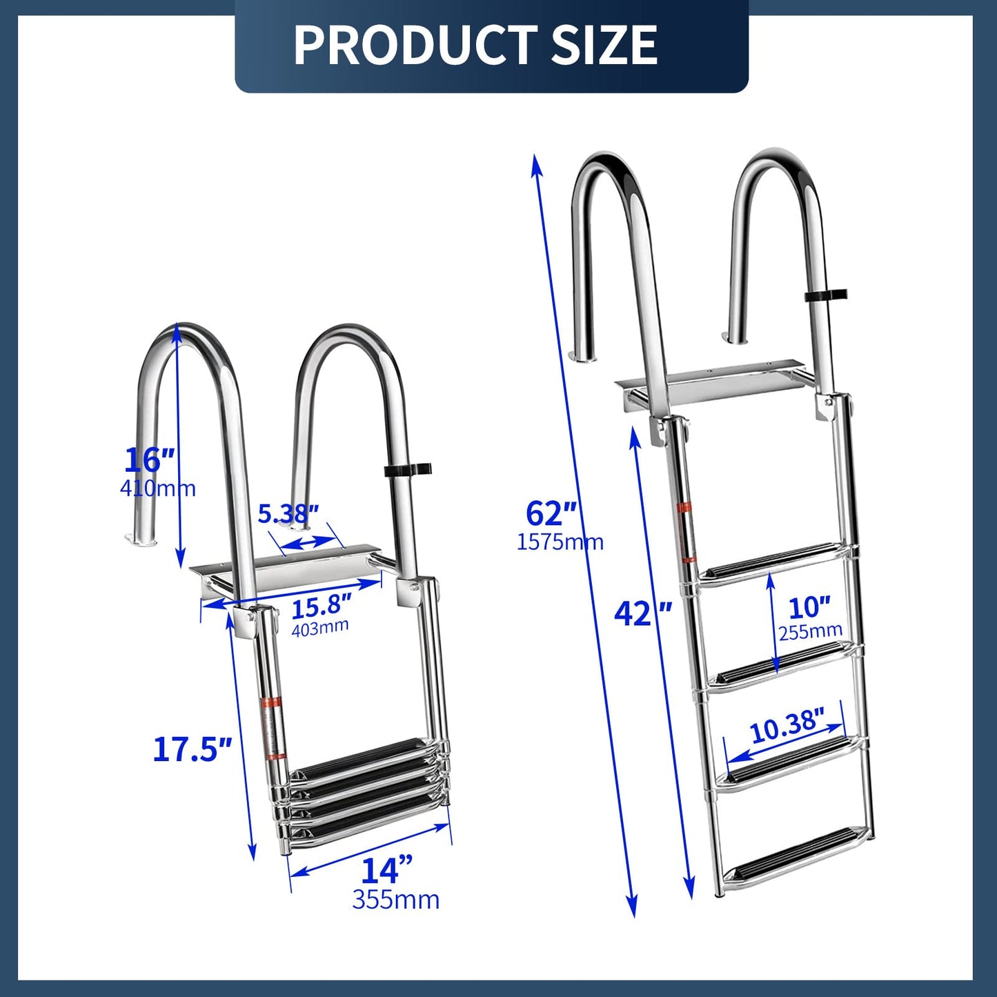 Marinebaby 4-Step Pontoon Boat Ladder, 316 Stainless Steel Folding Telescoping Inboard Ladder with Hand Railing and Extra Wide Steps