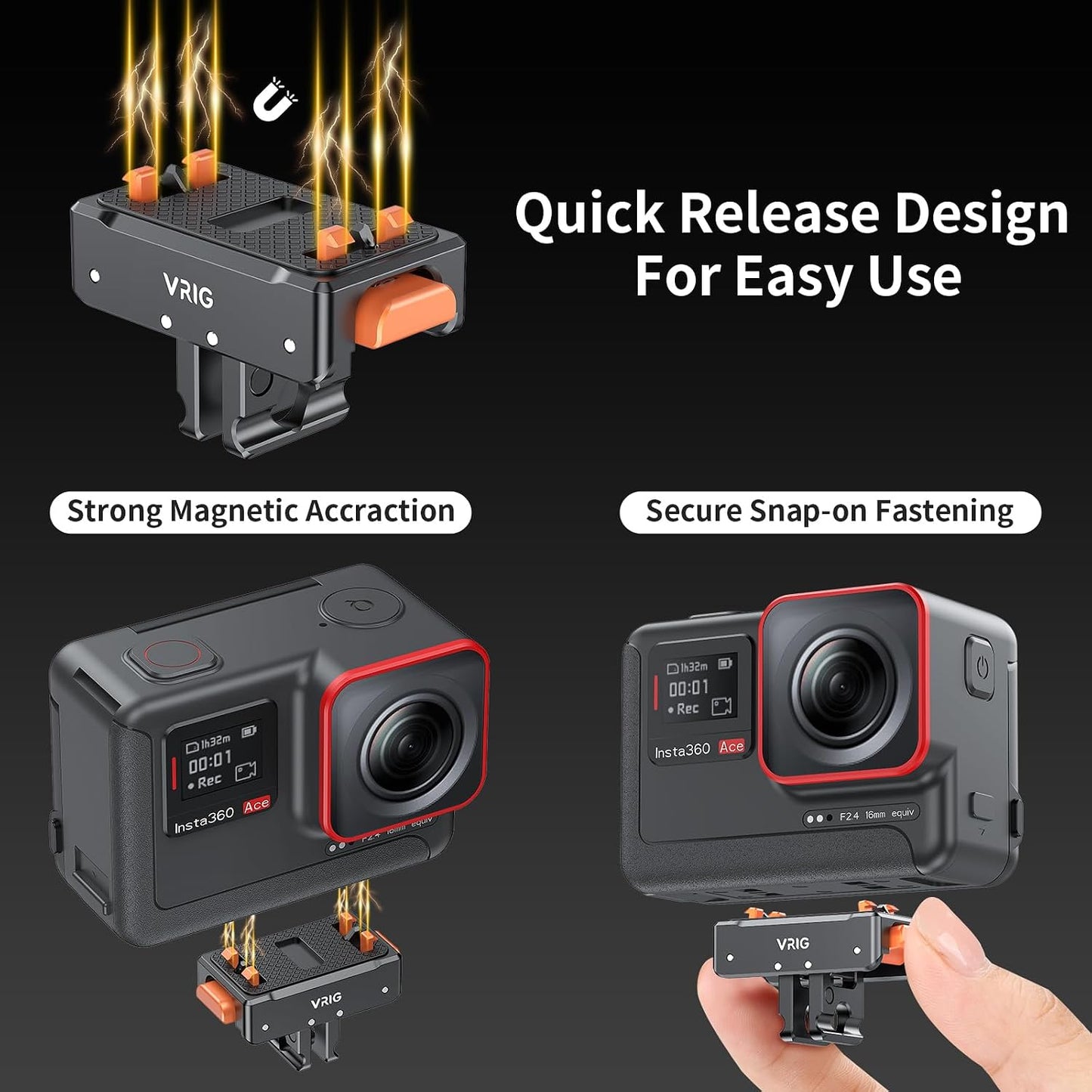 VRIG Select X5 Insta360 Pro2, Insta360 X5/X4 1/4" 2-Prong VRIG Magnetic Quick Release Mount for Ace Aluminum Alloy