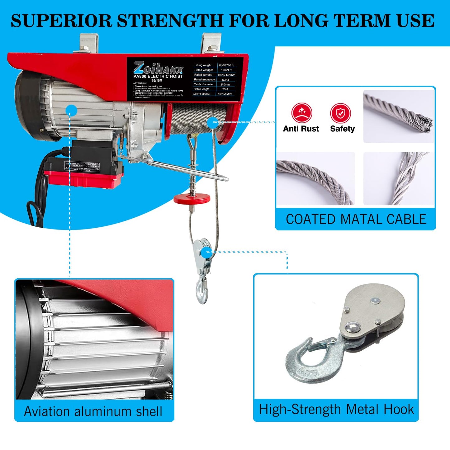 Electric Hoist Winch, 880 lbs 120V Electric Hoist with Remote Control,16ft/33ft Lifting Speed,328ft Wireless/Wire Electric Hoist for Garage,Warehouse,Factory,Construction Site, Attic