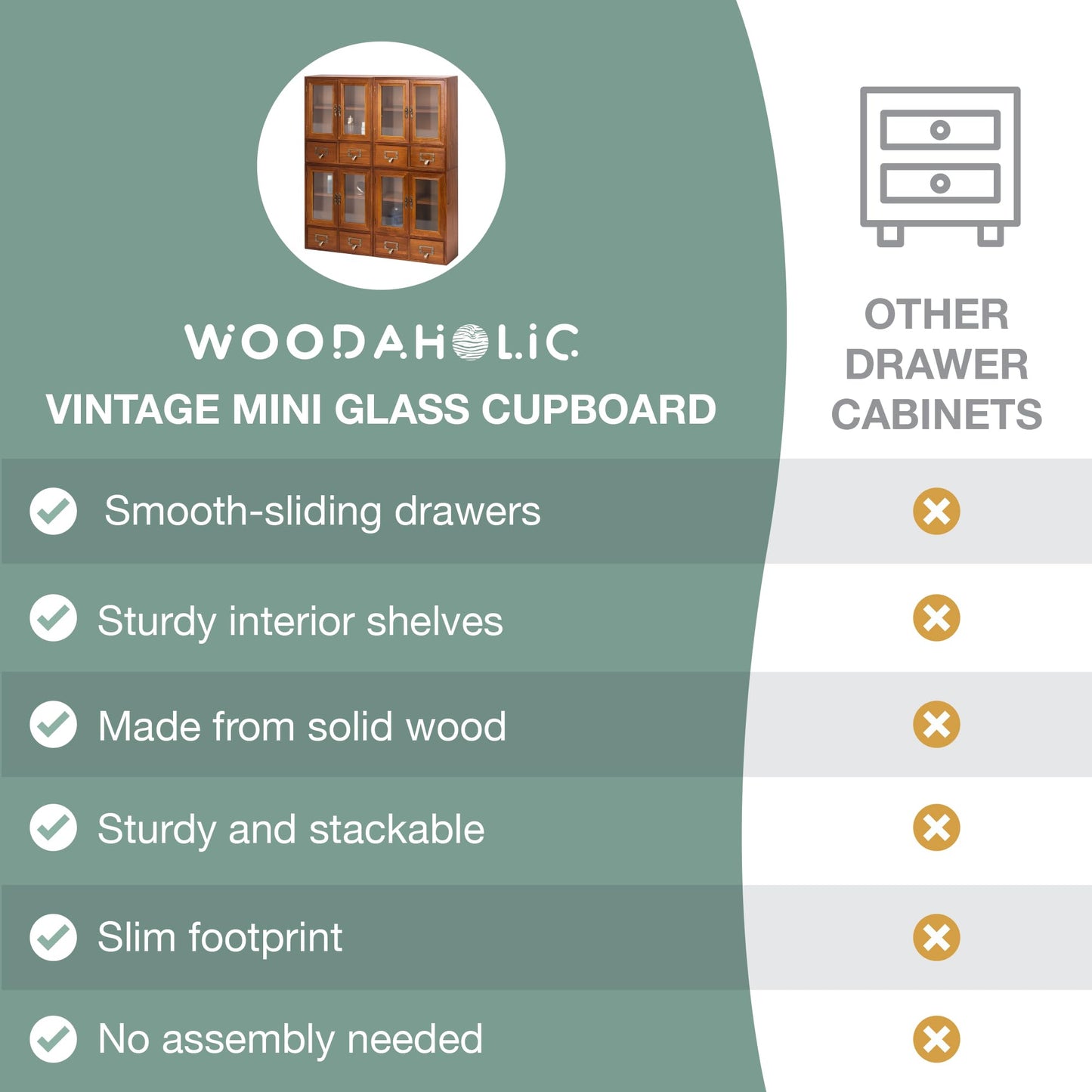 Stackable Modular Set of 4 Mini Cupboards - 8-Drawer Pantry Storage Cabinet - Dark Mahogany Wood Cabinets with 4 Glass Doors and 8 Shelves - Shelf Cabinet Storage Organization, Fully Assembled