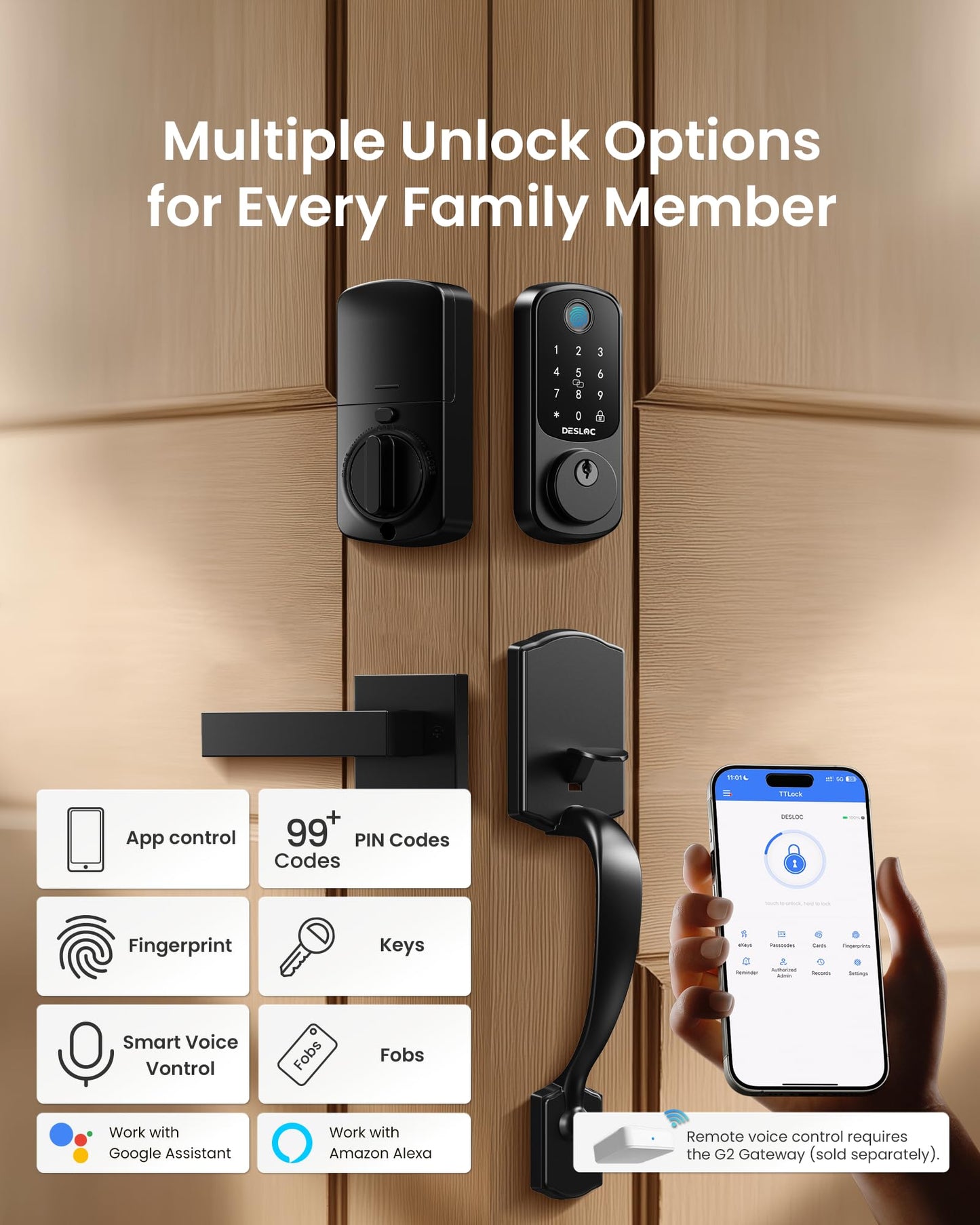 DESLOC B200 Keyless Entry Door Lock with Handle Set, Smart Locks for Front Door, Deadbolt Smart Lock, Front Door Locks Set, Electronic keypad Deadbolt with Handle, 12 Months Battery, IP54