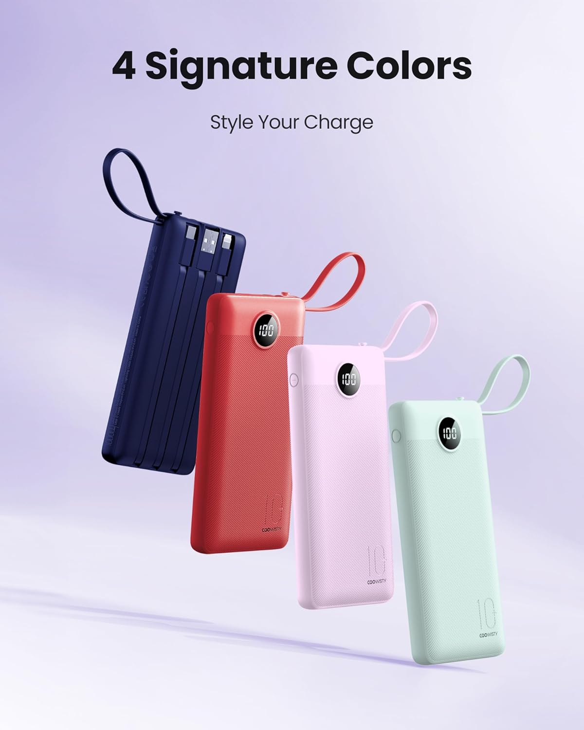 Coowisty 10000mAh Pack 5 2 Portable Charger with Built-in Cable, Slim USB C Power Bank, External Battery Outputs Inputs