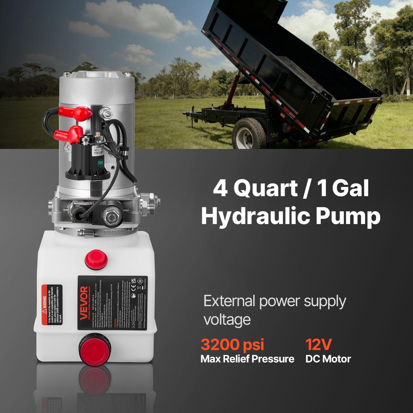 VEVOR 4 Quart Hydraulic Power Unit, Single Acting Dump Trailer Pump, 3200 PSI Max Relief Pressure & 0.91 GPM Flow Rate, DC 12V Hydraulic Pump with Metal Reservoir for Dump Trailer Car Lifting