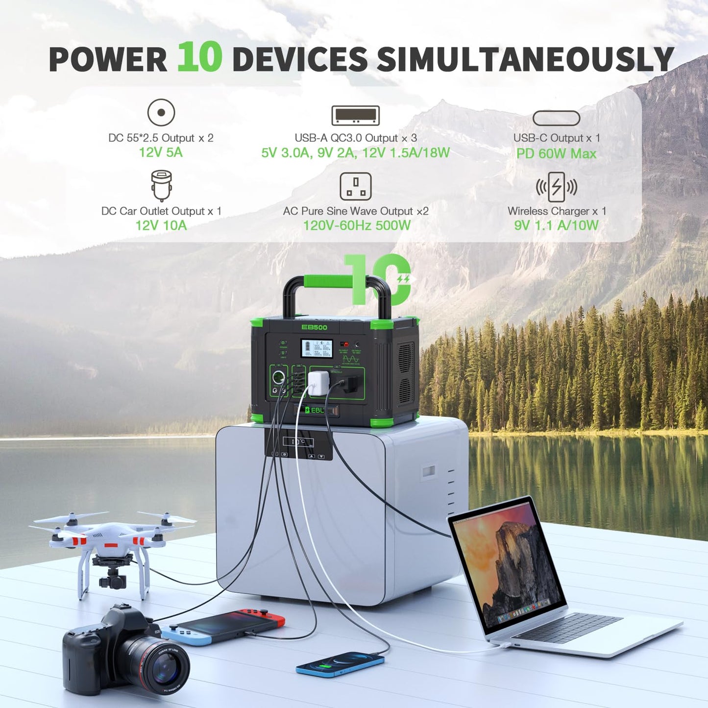 EBL Portable Power Station 500w(Peak 1000W), Camping Solar 519.48Wh Outdoor Solar Generator Backup Battery Pack with 2x120V AC Outlets, 10-Port Powerhouse for Outdoor and Indoor Emergency Use