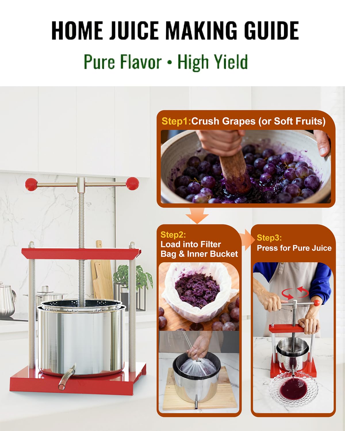 EJWOX 1.6 Gallon Manual Press - Professional Stainless Steel Fruit & Vegetable Squeezer with Filter Bag - Large 6L Capacity for Honey, Cheese, & Plant Infusions - Heavy Duty Top-Handle Juice Extractor
