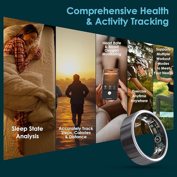 Smart Ring Health Monitoring 5ATM Waterproof Fitness Tracker with Glossy Titanium Surface Blood Oxygen/Sleep/Stress Tracking Women?™s Cycle Prediction Sport Ring Compatible with iOS/Android Ink 13