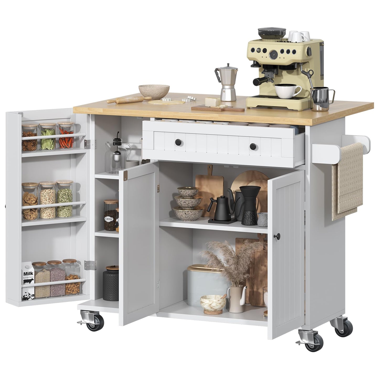 Bigbiglife Kitchen Island with Drop Leaf, Island Table on Wheels with Storage Cabinet, Modern Sideboard Buffet with Doors, Rolling Kitchen Island Cart for Dinning Room,White