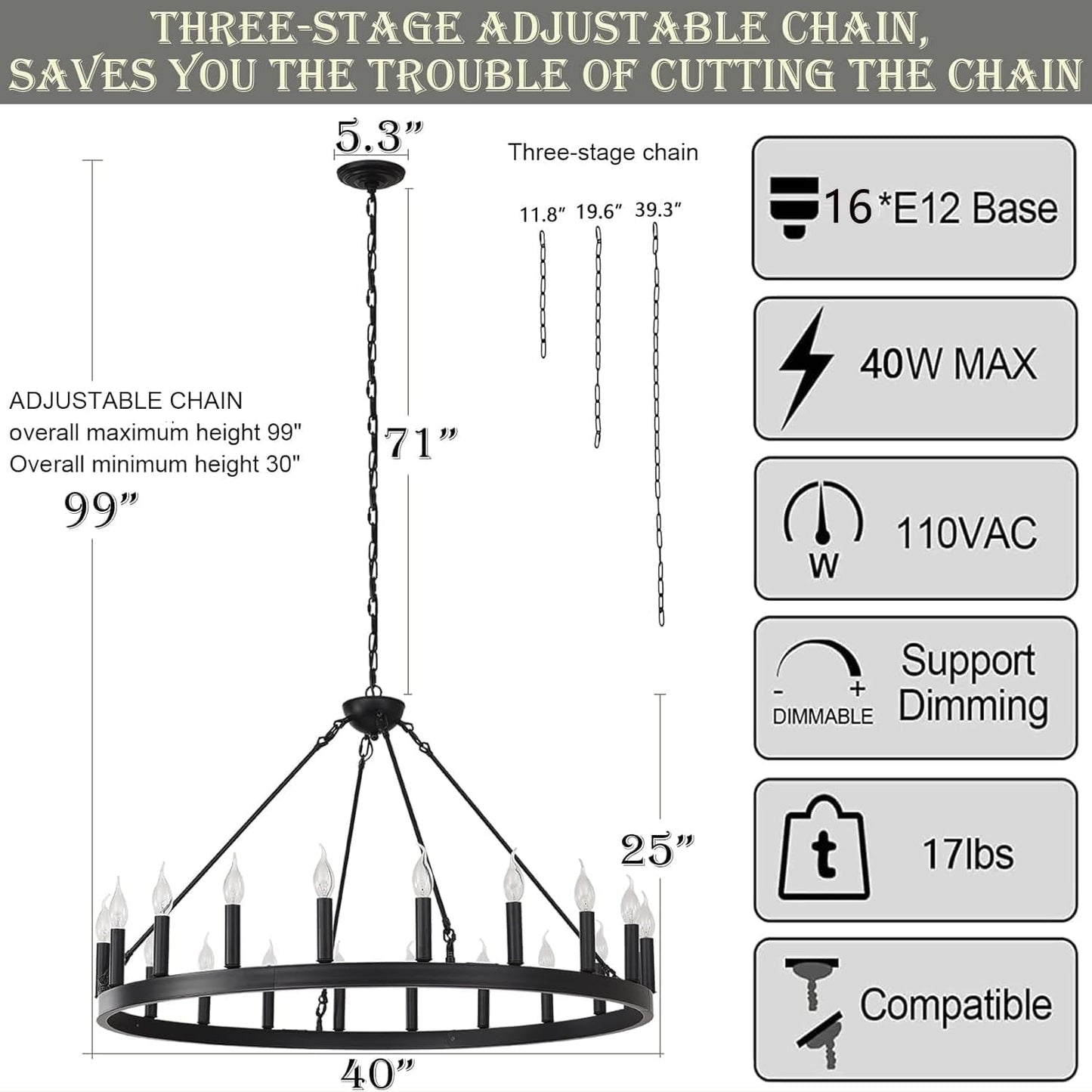VIZBMYR Black Wagon Wheel Chandelier Farmhouse,Round Rustic Wagon Wheel Light Fixture for Dining Room,16-Light 40" Large Industrial Wagon Wheel Light for Living Room Foyer(Black 40 Inch 16-Lights)
