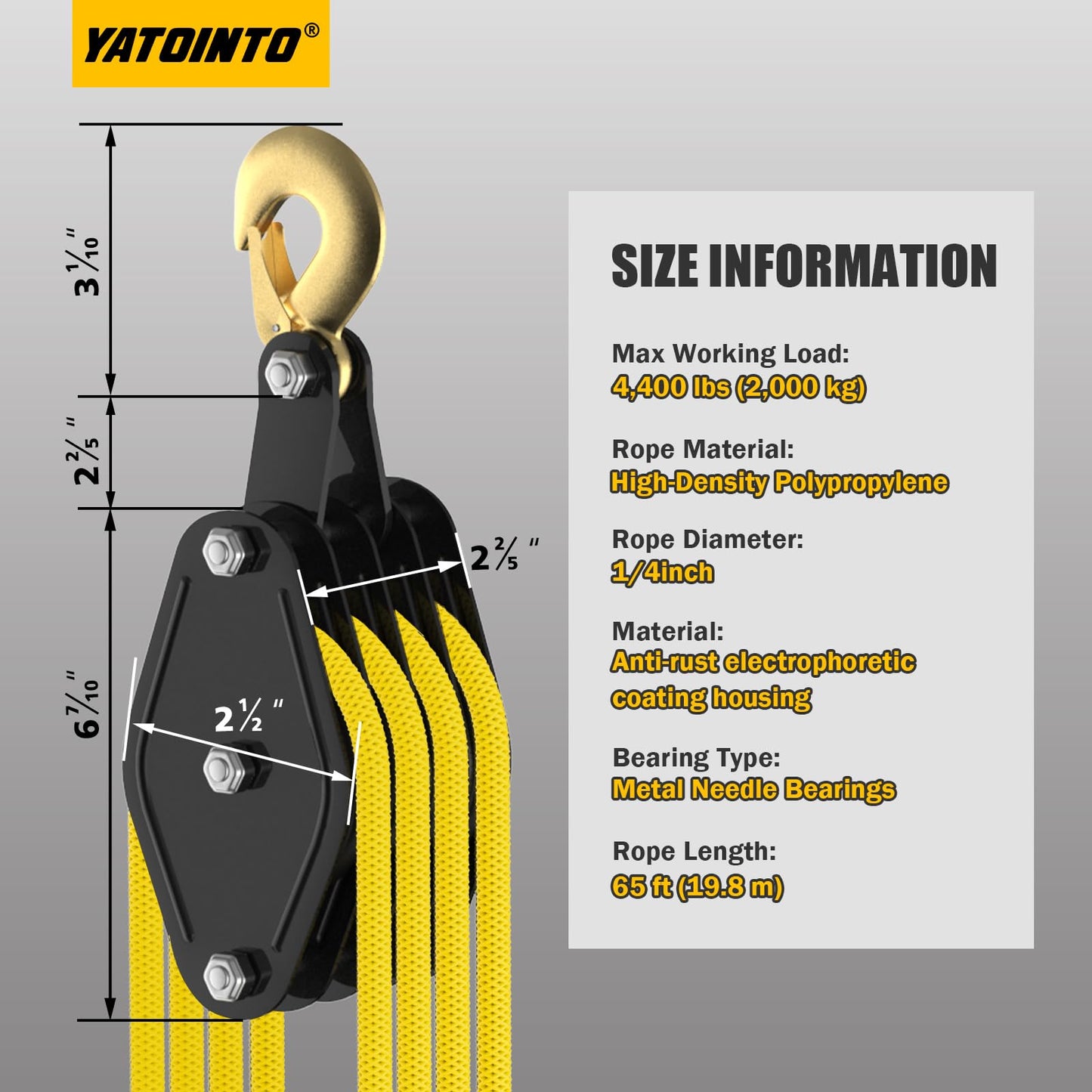 YATOINTO Rope Hoist Pulley System, 4400LB Pulley Block and Tackle, 8:1 Ratio Lifting Power 65ft, Heavy Duty Pulley Block for Hunting Lifting Heavy Objects Garage Warehouses Building (Yellow)