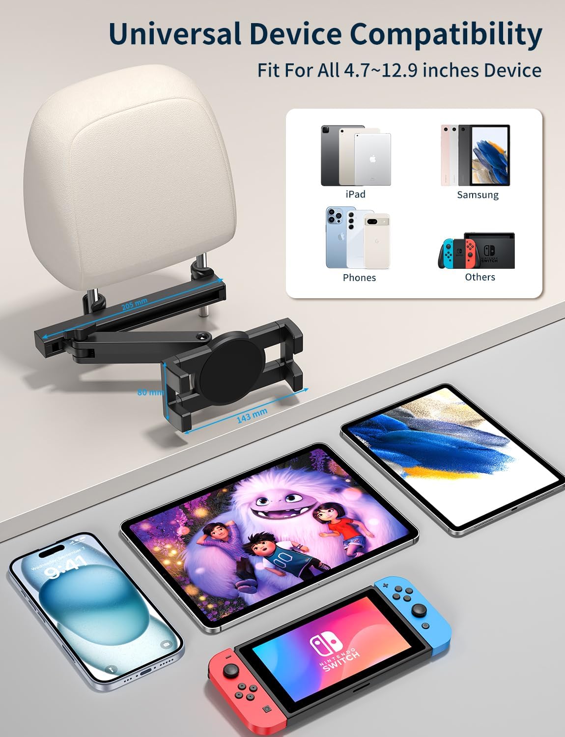 bokilino [3 1 4.7-12.9" Tablet Holder for Car Headrest, in Adjustable Extension Arm] iPad Car Mount for Back Seat, Road