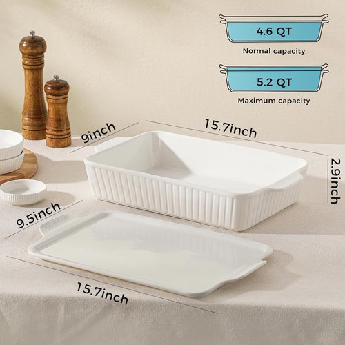 Dizada Large Casserole Dish - 5.2 Qt Porcelain Baking Pan with Lid | Deep 2-in-1 Ceramic Bakeware