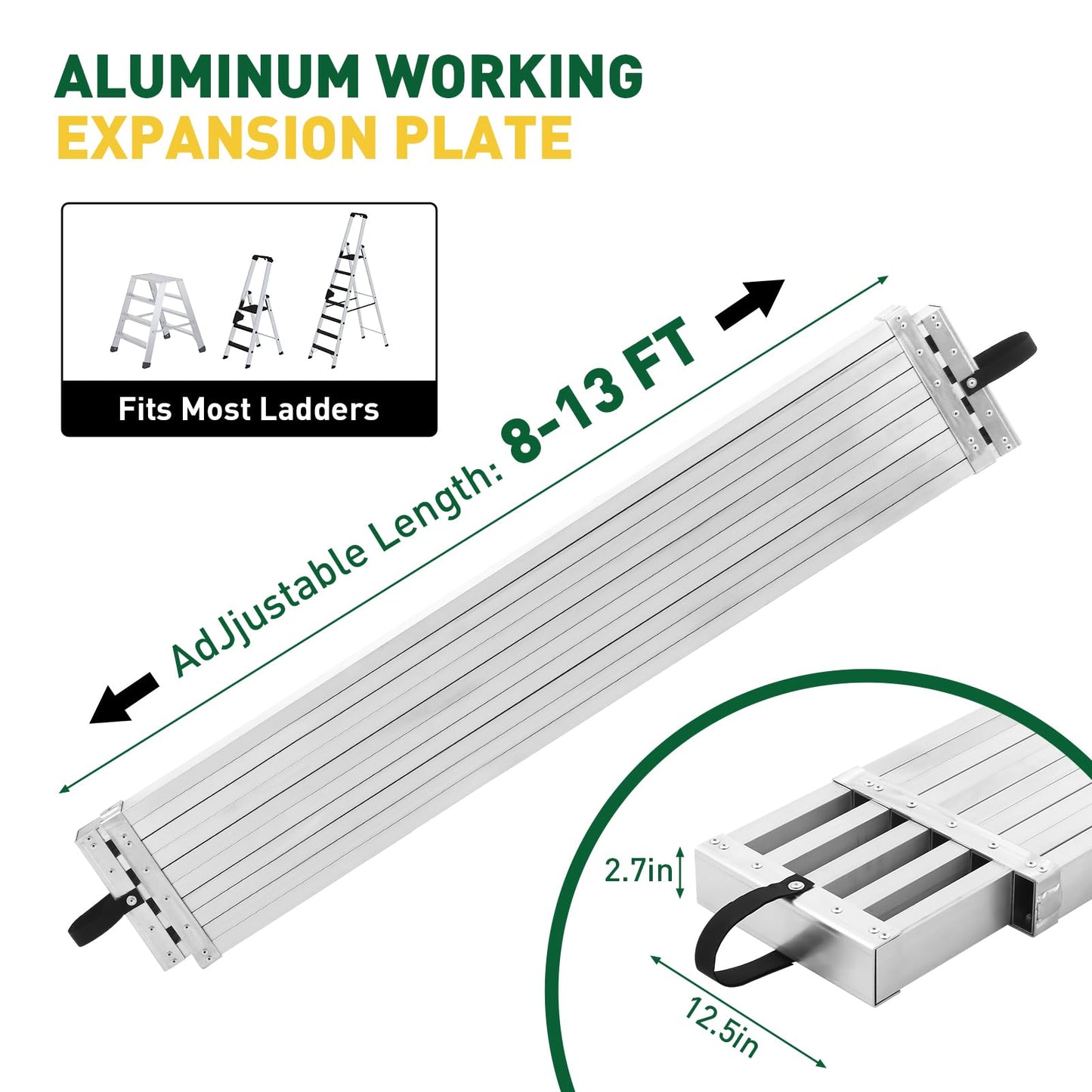 Garvee 8-13FT Aluminum Telescoping Work Plank, 12.5 inch Width Extension Plank, 440Lbs Capacity Extension Boards, Adjustable Scaffolding Plank with Skid-Proof Platform Scaffold Ladder Accessory