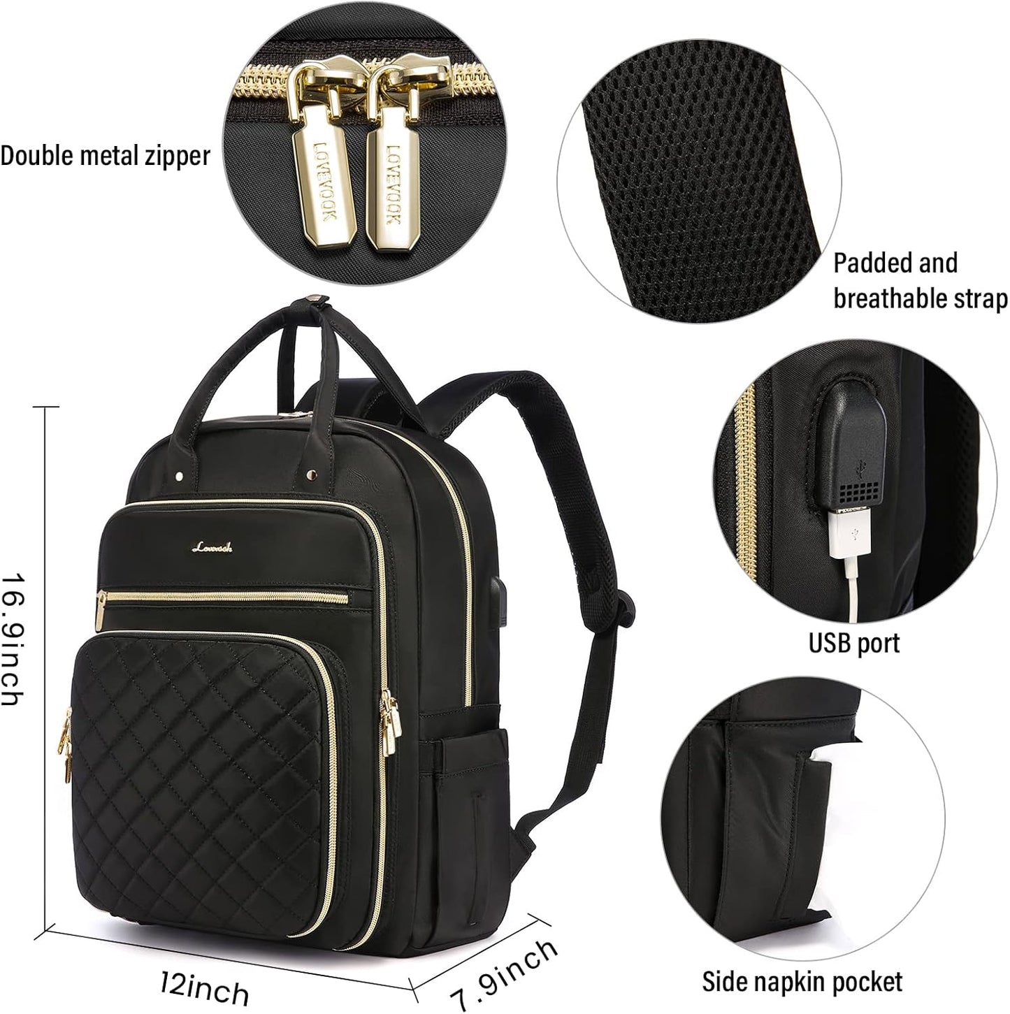 Backpack Backpacks 15.6" LOVEVOOK Laptop for Women, Water Resistant Travel Work Black Purse Business Teacher Nurse