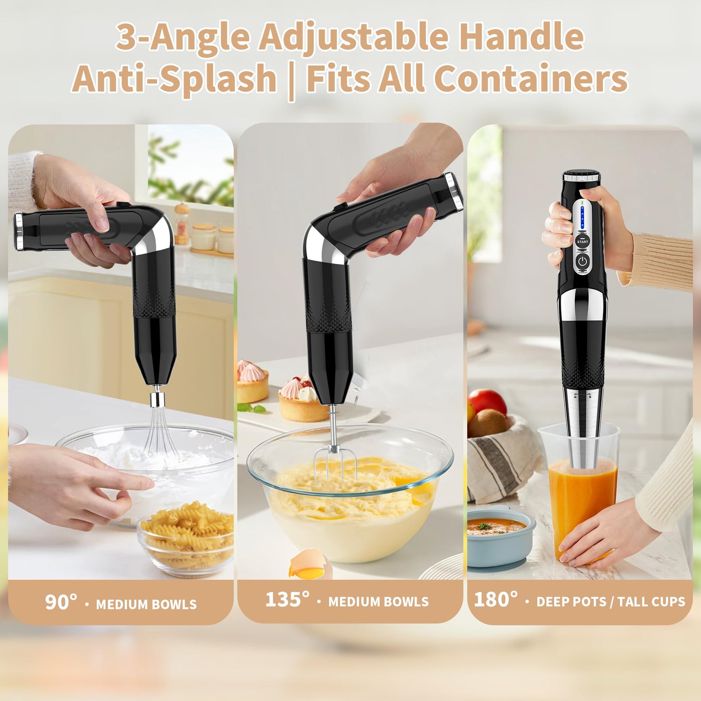 Toogel Cordless Immersion Blender, 3-in-1 Electric Hand Blender with 21-Speed & 3-Angle Adjust, USB Rechargeable, BPA-Free & Dishwasher Safe for Baby Food, Smoothies, Soup (Black)