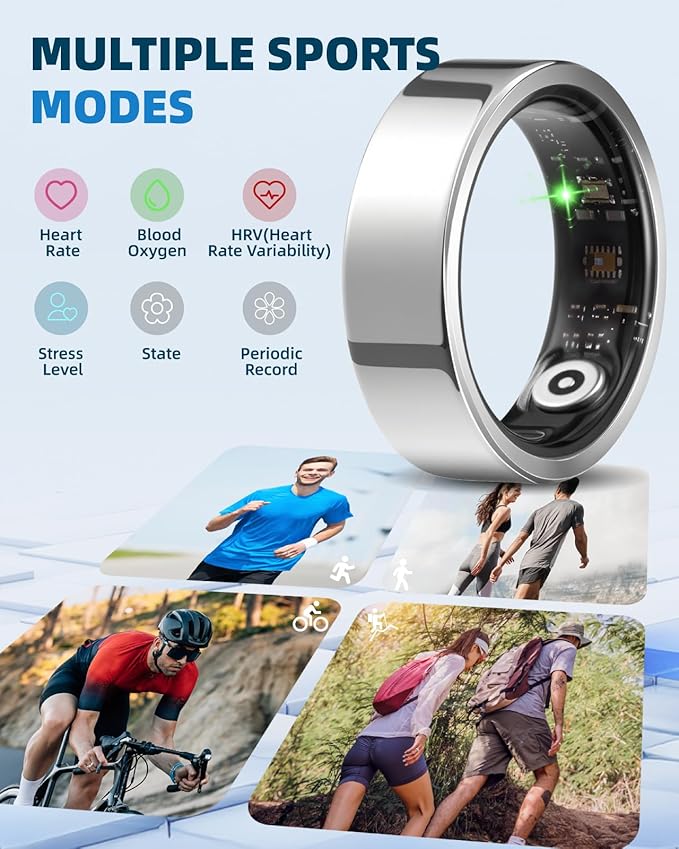 Smart Ring for Women Men Fitness Ring with Step Counting, Heart Rate, Blood Oxygen, Blood Pressure, Sleep Monitoring, IP68 Waterproof for iPhone and Android, No Subscription Fee,Silver 9#