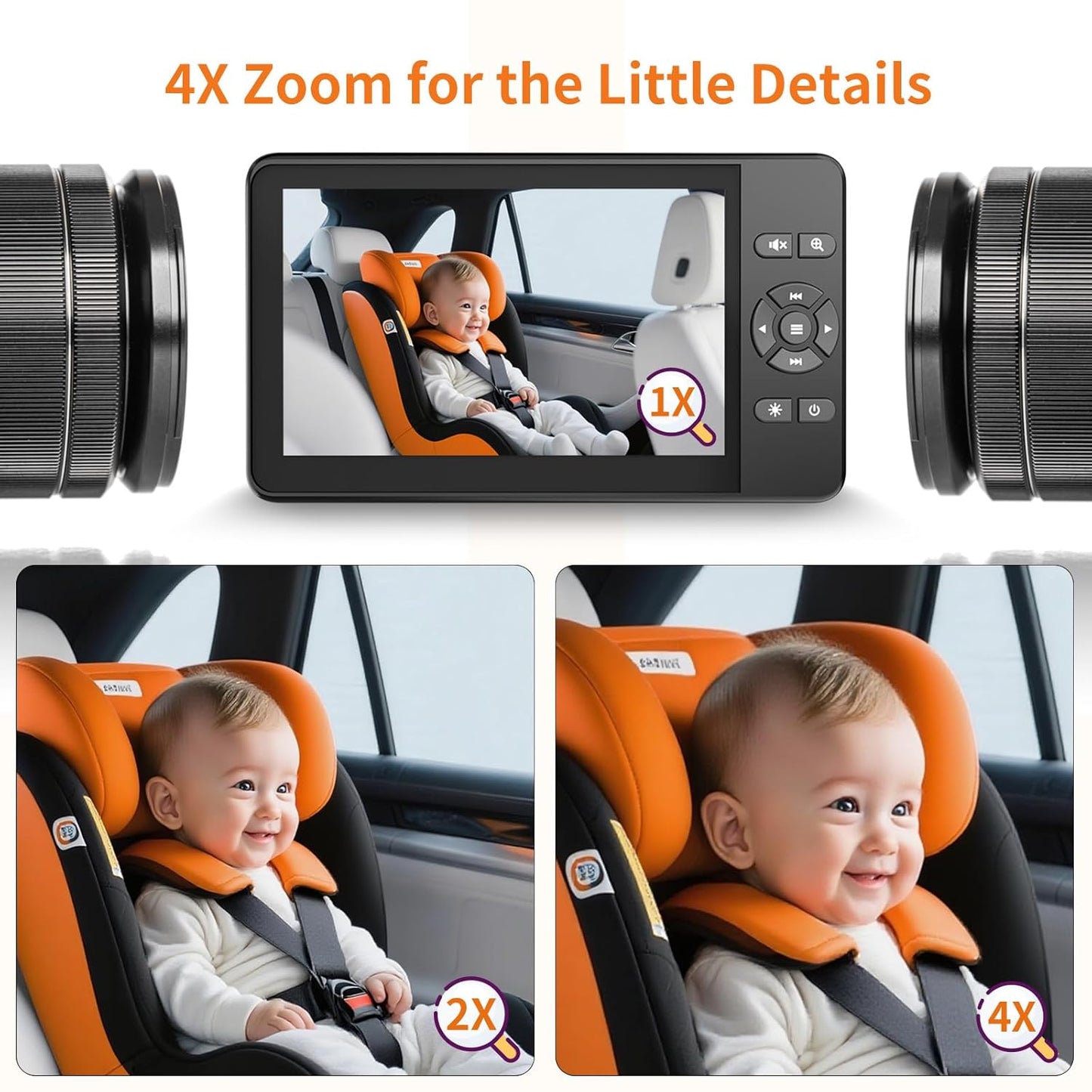 Setup 4.3'' 1080P 4X Zoom,10 360 Baby Car Camera,Plug and Play Easy HD Car Baby Monitor with Lullabies, Auto IR Night
