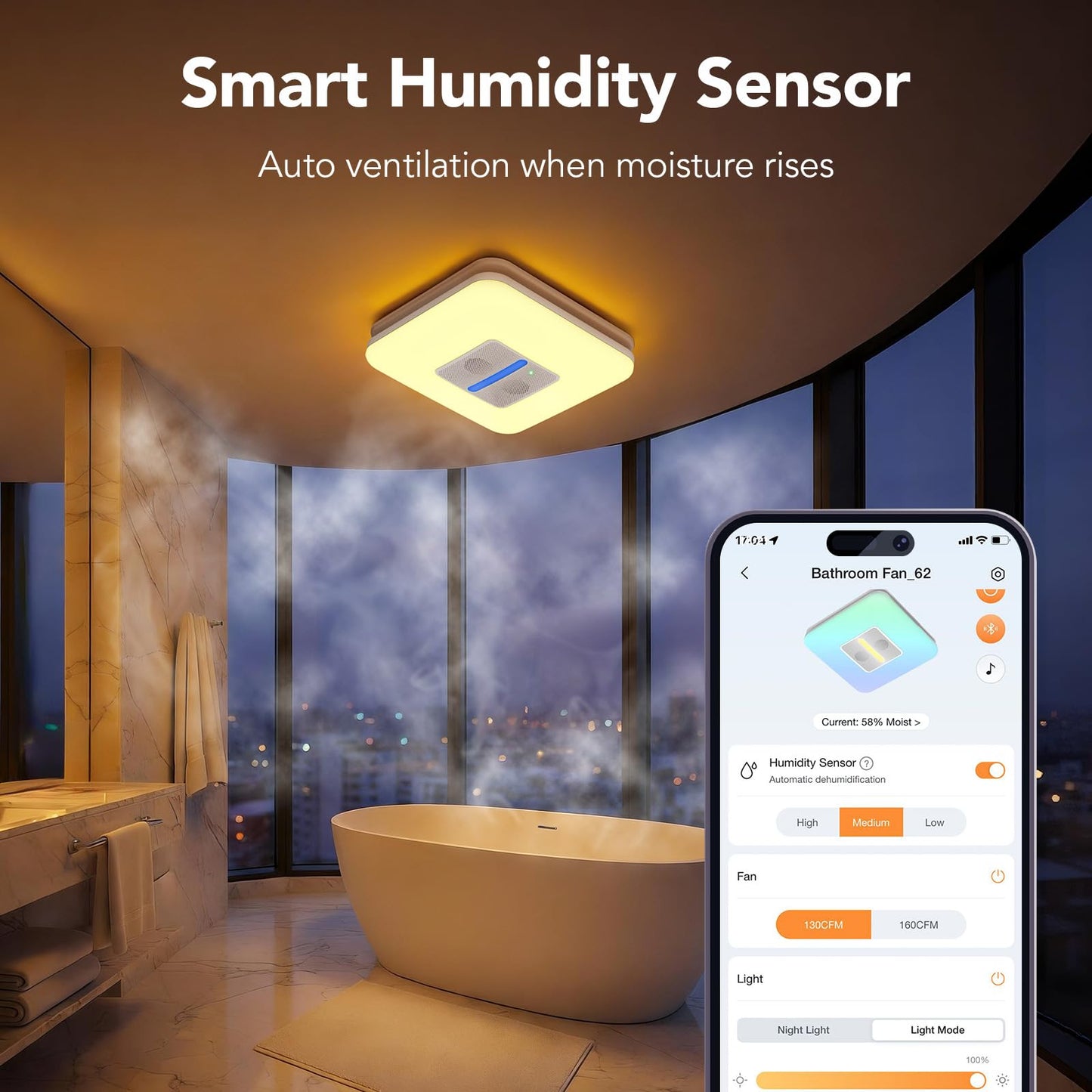 OREiN Matter Smart Bathroom Fan with Light – Humidity Sensor, 130–160 CFM Ventilation, Ultra-Quiet 1.0 Sone, Tunable White & Custom RGB, Dual Bluetooth Speakers, Compatible with Alexa & Google Home