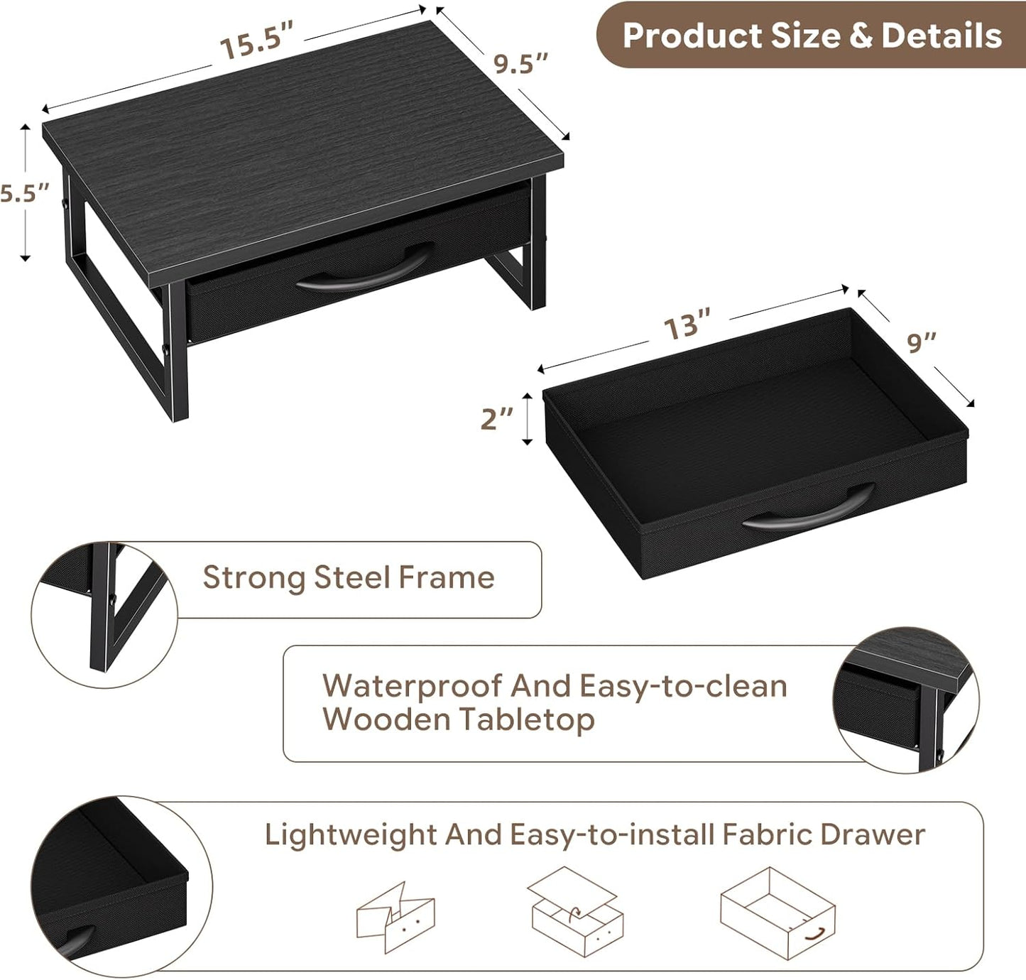 2-Tier Ekisemio Monitor Stand with Fabric Drawer Wood and Metal Computer Riser, Desk Organizer for Office, Black
