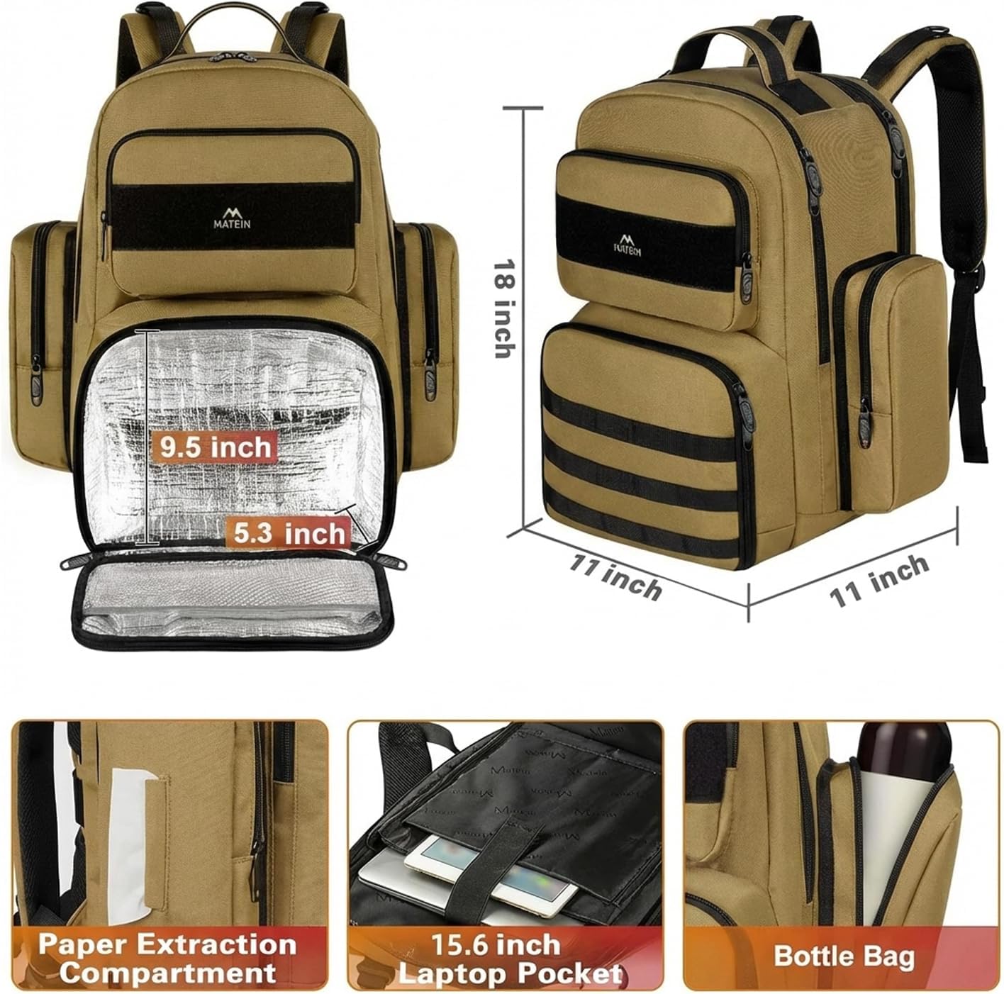 Backpack 15.6 Inch Backpack Daypack MATEIN Lunch for Men, Travel Laptop Insulated Cooler Bag Lunch box Rucksack, Extra