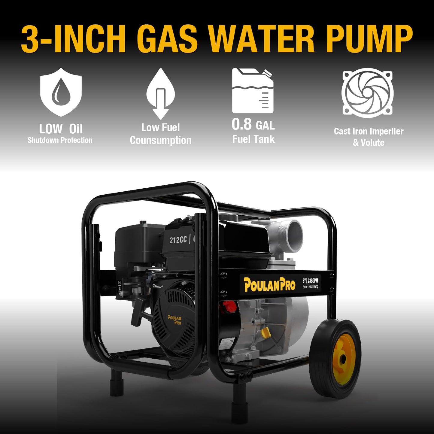 Poulan Pro Semi Trash Pump 3 Inch, 6HP 212cc 4-cycle Engine, 238GPM, 100ft Lift, 23ft Suction, Gas Powered Water Pump with Wheels & Handle for Pond, Sewage, and Pool (3 inch)