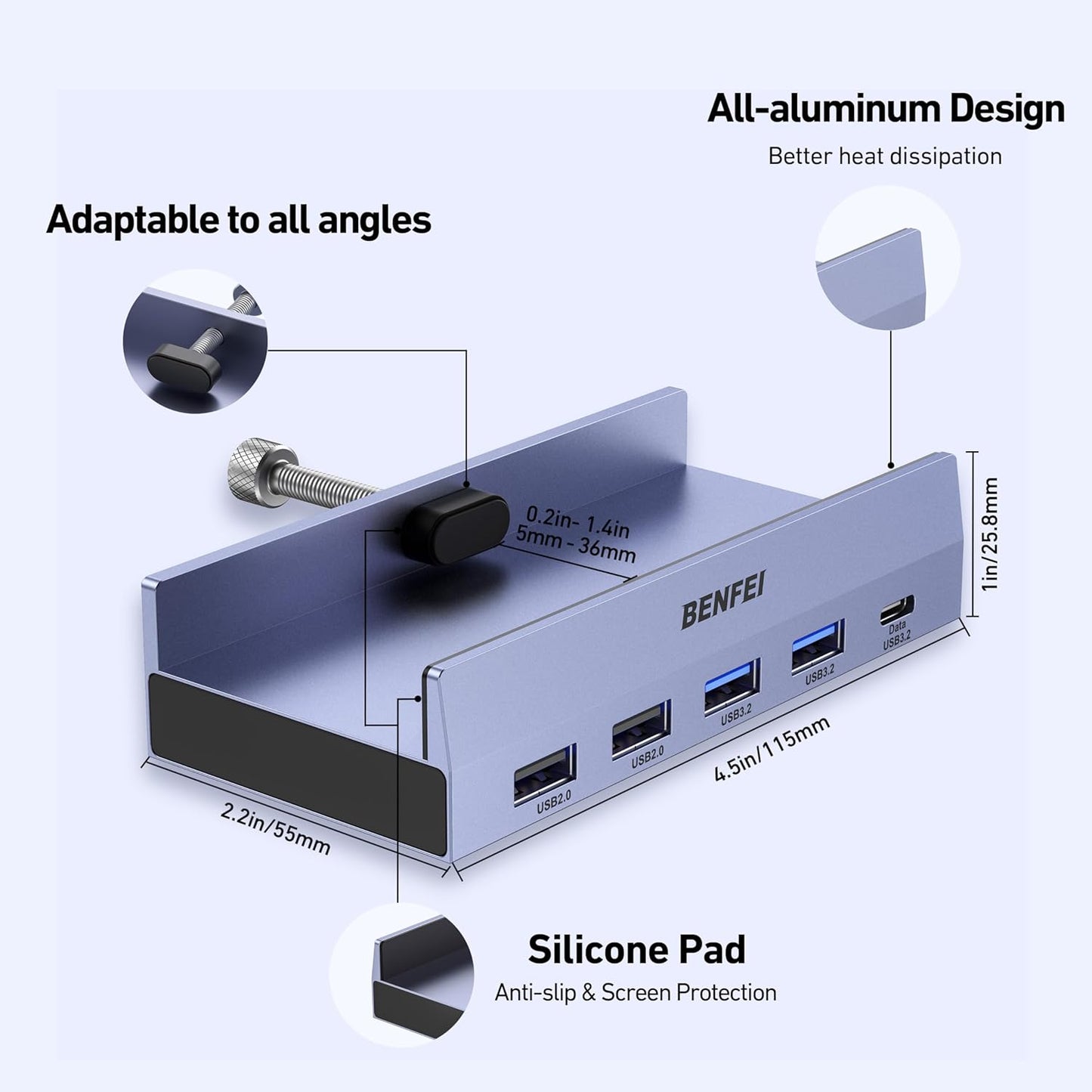 BENFEI 8-in-1 4K@60Hz 100W 10Gbps 1x 2 3.2, 2 2.0 S23, XPS17 USB C Hub with Secure Clamp Features HDMI, Gigabit