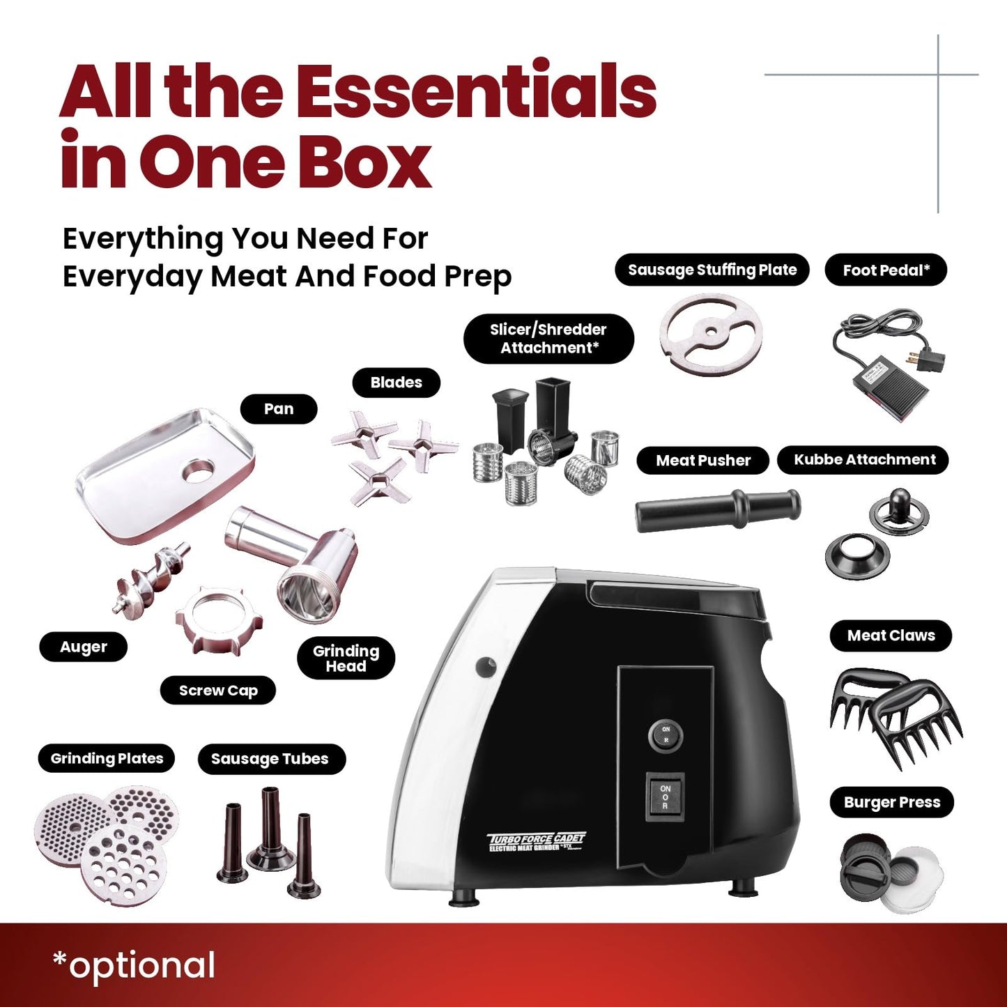 STX International Turboforce Cadet 2000 Series Electric Meat Grinder | 5-in-1 Powerful Home Use | Sausage Stuffer | Kubbe Maker | 4 Grinding Plates | Stainless Steel Blades & More Included