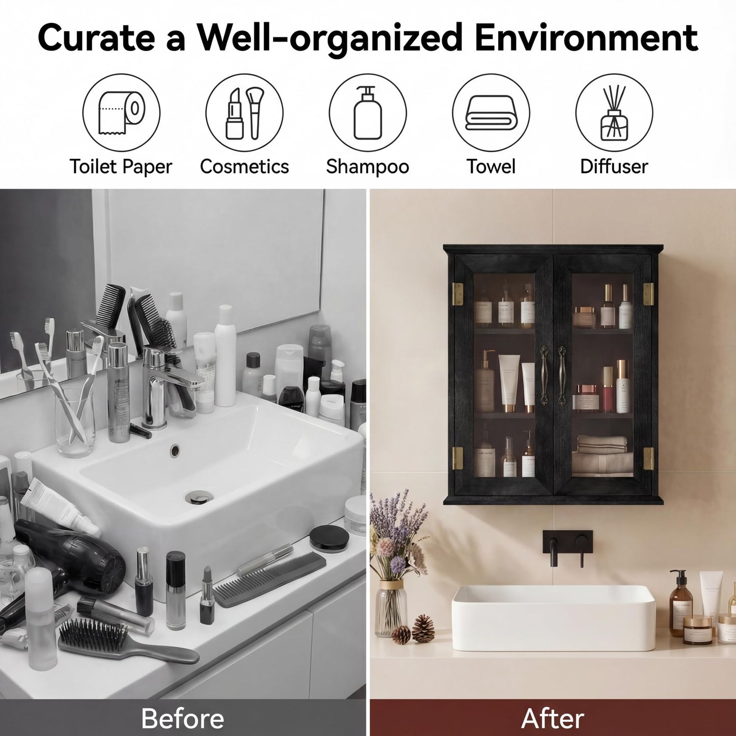 ChooChoo Bathroom Wall Cabinet, Medicine Cabinet with Acrylic Doors, Wall Mounted Over The Toilet Storage Cabinet with Adjustable Shelves for Bathroom, Kitchen, and Laundry Room, Black