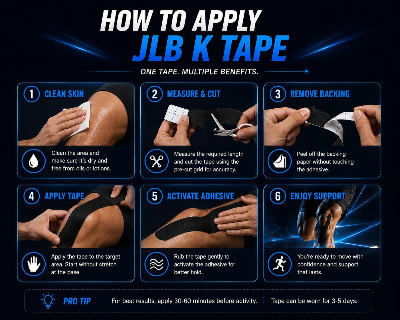 JLB Kinesiology Tape – 2 Rolls, 2 in x 16 ft – KT Tape for Shoulder, Knee, Wrist & Ankle – Waterproof Athletic Tape – Latex-Free Sports Tape for Pain Relief, Muscle Support & Physical Therapy (Black)