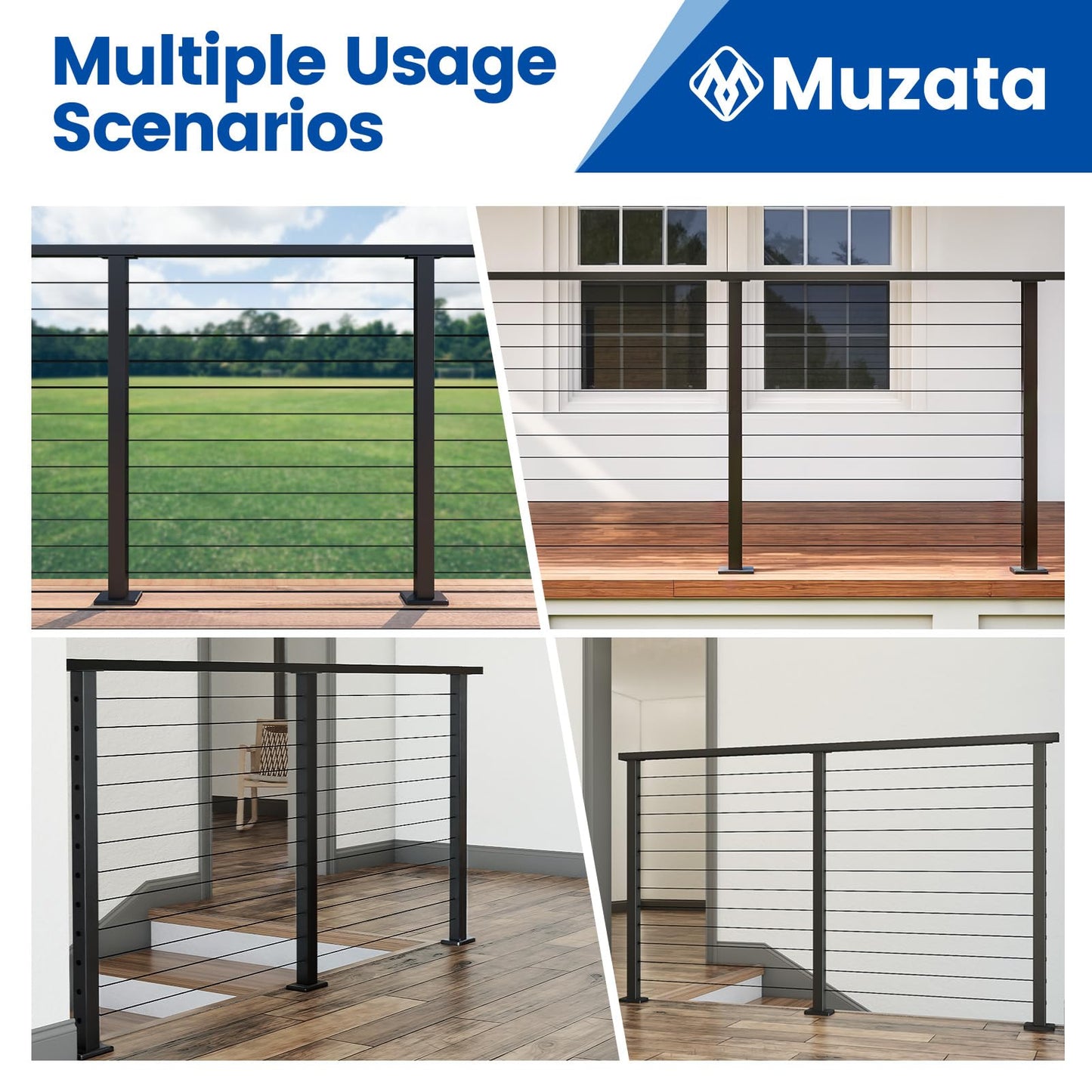 Muzata 4Pack Black Cable Railing Post 36 Inch 36"x2"x2" Level Drilled Surface Mount T304 Stainless Steel Cable Railing System Kit Indoor Outdoor with Paper User Guide PS02 BH4S