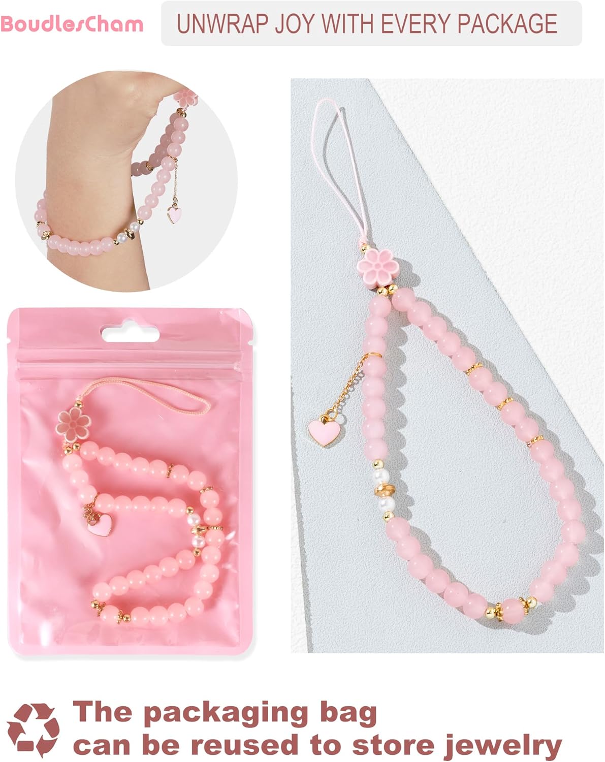 BoudlesCham Phone Charm Cute Pink Pearl Beaded Phone Wrist Strap for Women, Phone Charms Strap for iPhone Charm Strap