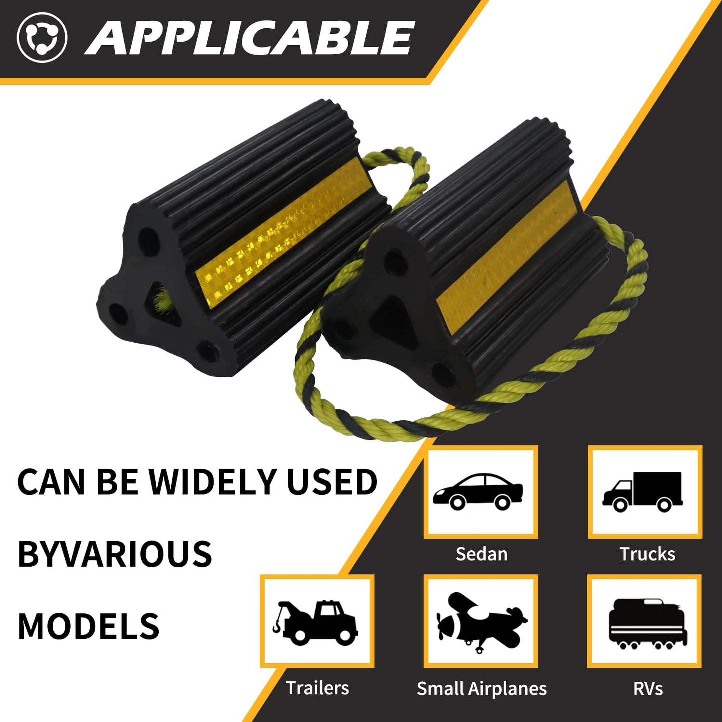 Wheel Chocks for RV Trailer Camper Truck Car, [2pair/4pack with Rope] Versatile Rubber Chocks Block Stopper for Tire with Reflective Strips, Utility Boat Travel Trailer Camper RV Accessories Must