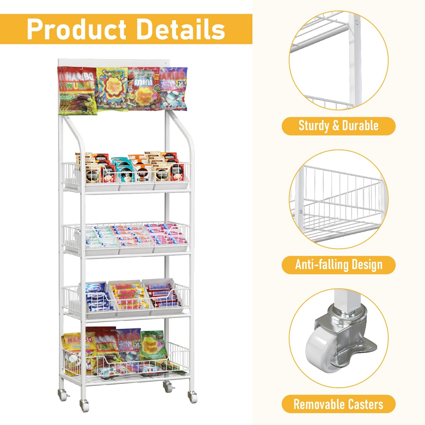 Qriocioa Retail Snack Display Rack 4-Tier White Metal Candy Potato Chip Metal Wire Display Shelf Brackets with Wheels & Hooks Multifunctional Snack Shelf Organizer for Pantry Kitchen, White