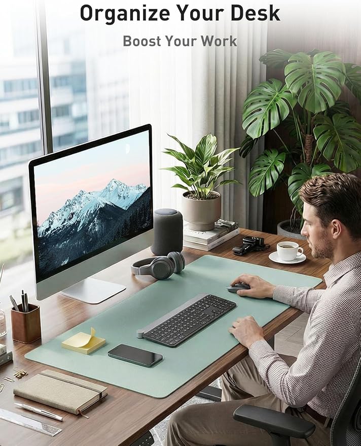 Aothia Faux Leather Desk Mat - Non-Slip PU Leather Desk Blotter, Waterproof Writing Surface, Large Desk Pad for Office & Home (Light Blue, 55" x 24")