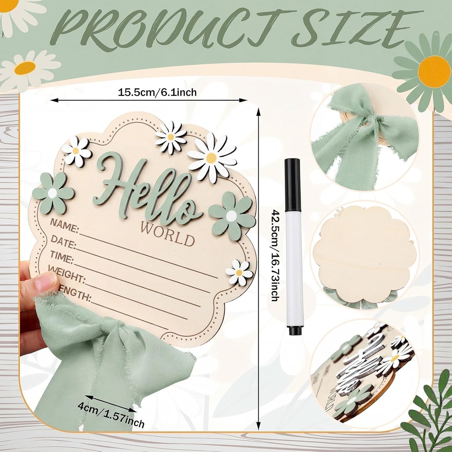 Amyhill Sage Green Bow Hello World Newborn Baby Sign Flower Baby Birth Announcement Sign with Pen Newborn Essentials