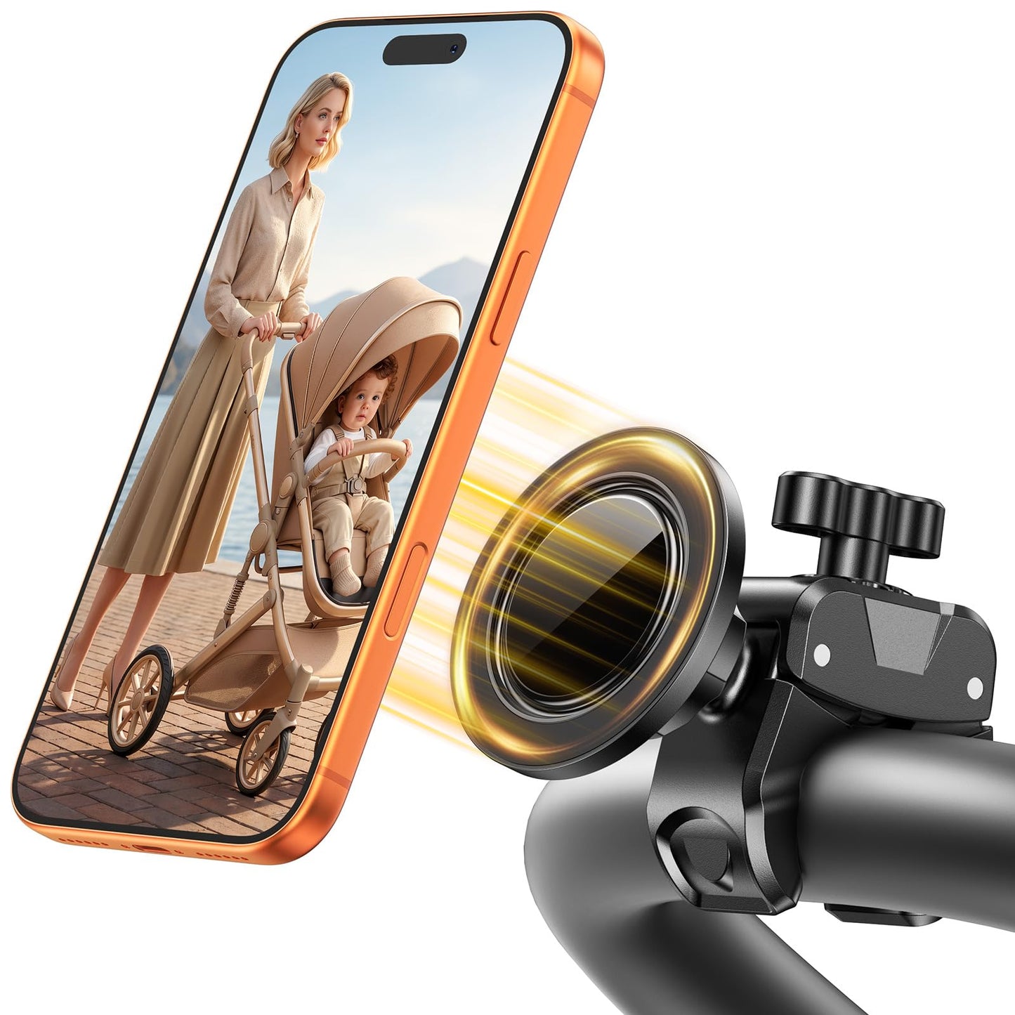 iBytoc Magnetic Gym Stroller Phone Holder with Clamp, 16 x N55 Strong Magnet Phone Mount, 360° Rotating & 60° Tilt for Treadmill/Exercise Bike/Golf Cart/Shopping Cart, Fit for iPhone 12-17 & Android
