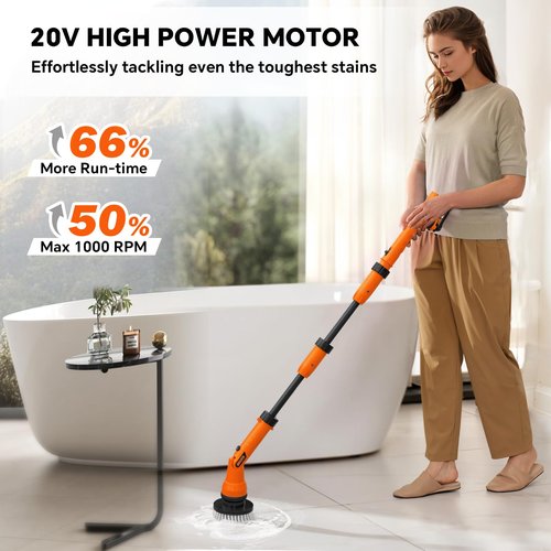 2 Battery Electric Spin Scrubber, 1000RPM Cordless Cleaning Brush Waterproof with 20V Power Supplied, Adjustable Extension Handle, 4 Replaceable Cleaning Heads, Hook, Gloves - for Tub/Tile/Wall/Floor