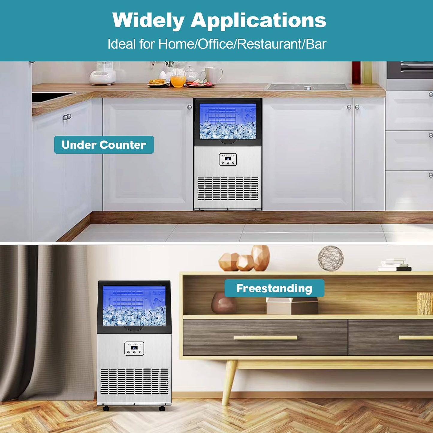 Amzgachfktch Commercial Ice Maker, 100lbs/24H Ice Maker Machine, Auto Self-Cleaning, LED Digital Display, Blue Light, Under Counter/Freestanding Ice Machine for Home/Office/Restaurant/Bar