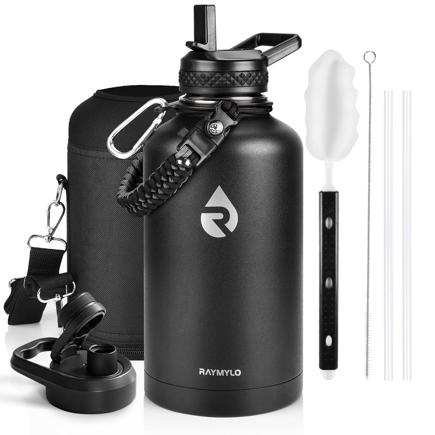 RAYMYLO Insulated Water Bottle 64 oz, Triple Wall Vacuum Stainless Steel (Cold for 48 Hrs), Leak Proof & Non-BPA, Half Gallon Water Flask Jug with Paracord Handle & Straw Spout Lids, Magic Black