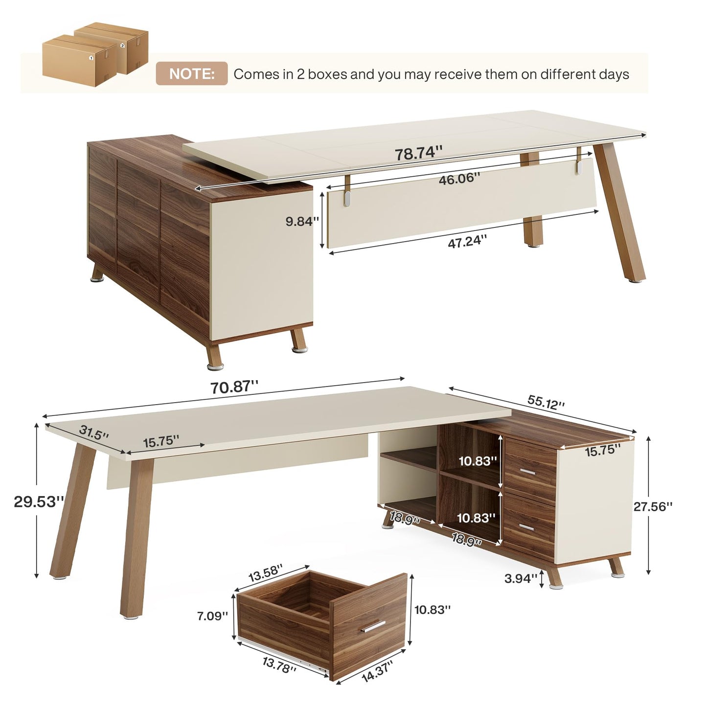 Tribesigns 78.7" L-Shaped Executive Desk, Modern Office Desk with File Drawers & Storage Shelves, Large Computer Desk with 55-Inch Cabinet, Business Workstation for Home Office, Beige & Walnut