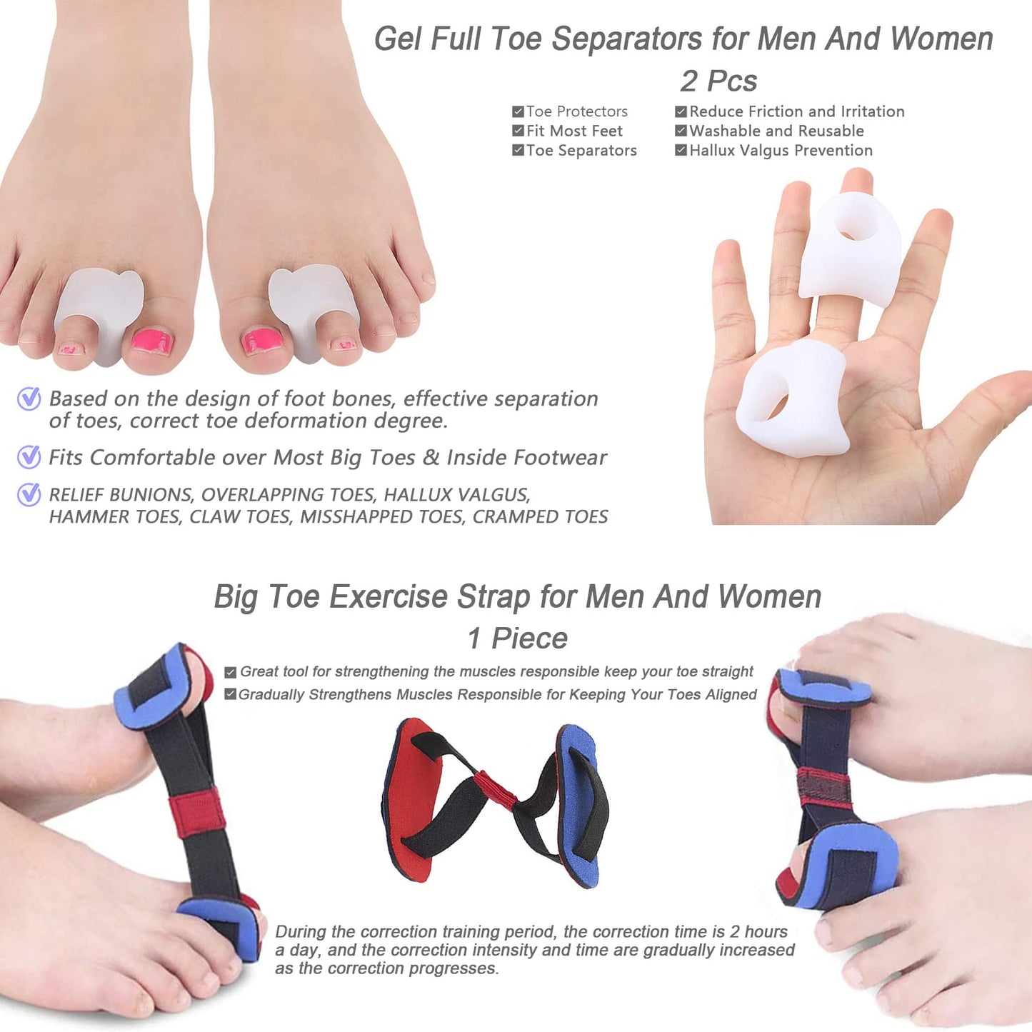 GELMAY 15Pcs Bunion Corrector, Hallux Valgus Relief Pads Toe Spacer Straightener Big Toe Separator Correction Splint Hammer Gel Metatarsal Sleeve Protector Brace Exercise Strap