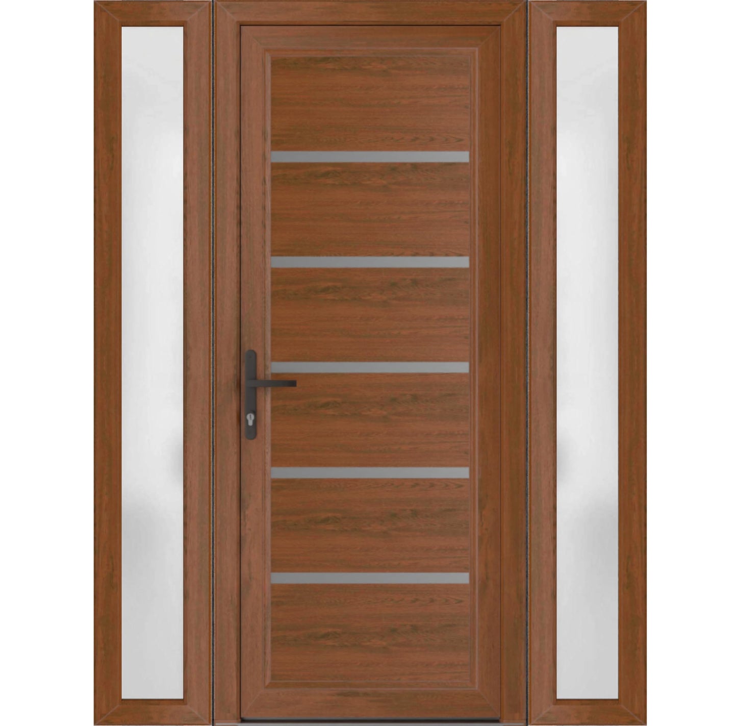 VDOMDOORS Front Exterior Prehung Metal-Plastic Door | Manux 8415 Walnut | 2 Side Sidelite Transoms | Residential Doors Entrance Patio Garage 56 x 80 (W12+32+12 x H80) Right-Inswing