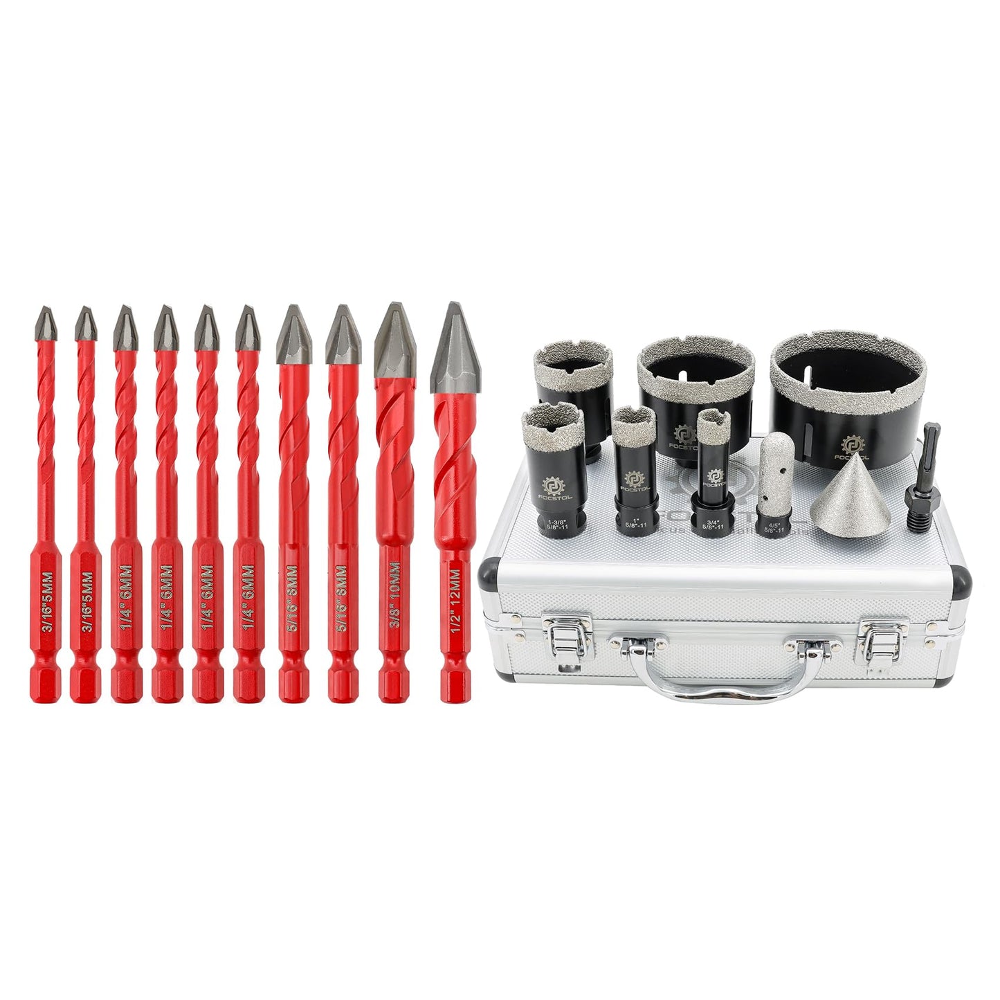 FOCSTOL High Hardness Skewed Head Eccentric Drill Bit 10pcs and Diamond Core Drill Bit Set 9pcs