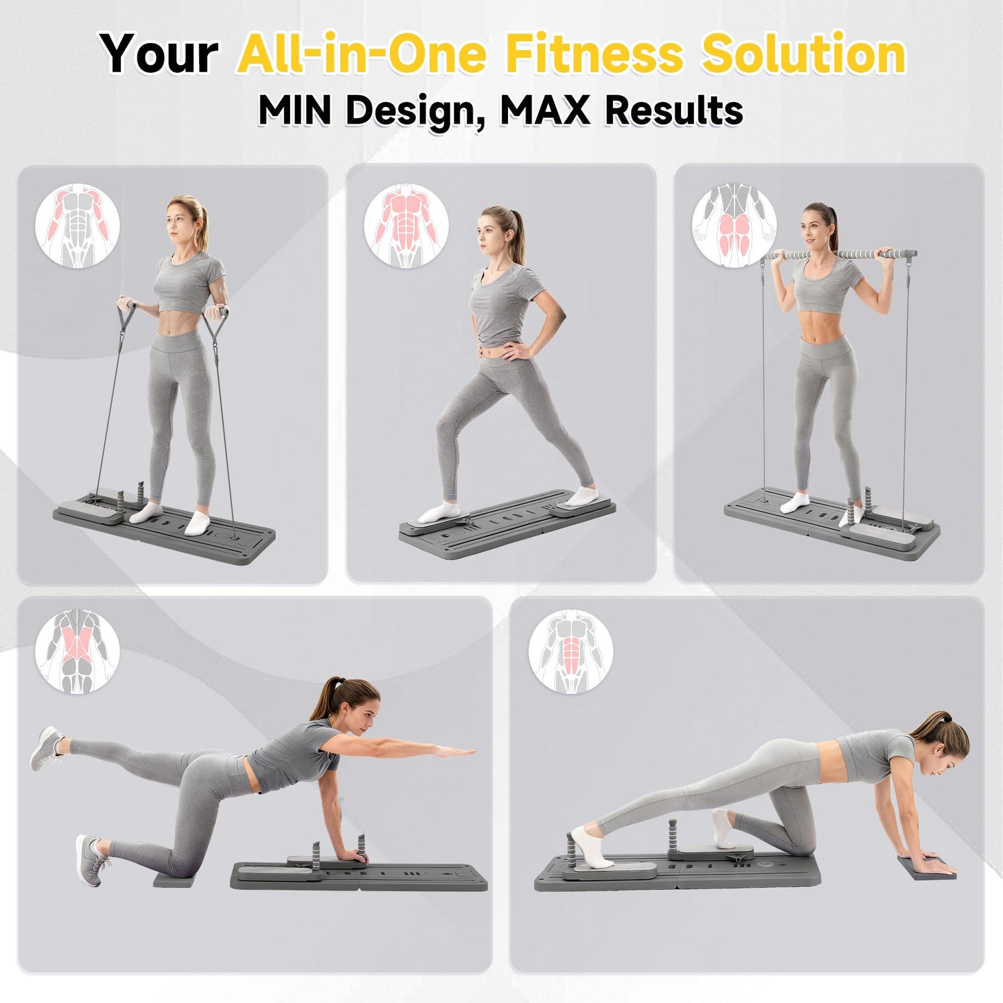 COSIEST Pilates Board for Home Use, Foldable Pilates Reformer Set with Resistance Bands, All-in-One Professional Workout Fitness Equipment for Core, Abs, Glutes, Legs, Butt, Arms Toning (Dark Grey)