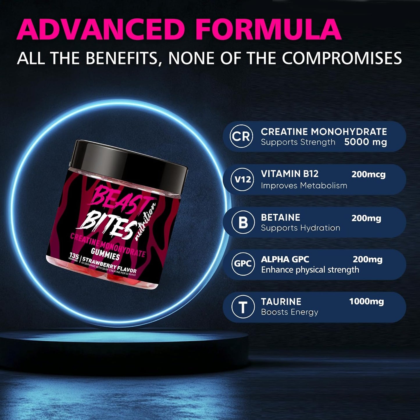 Creatine Monohydrate Gummies for Men & Women - 5g of Creatine Monohydrate per Serving - Sugar Free,Vegan, Strawberry Flavor, 135 Count (45 Servings).
