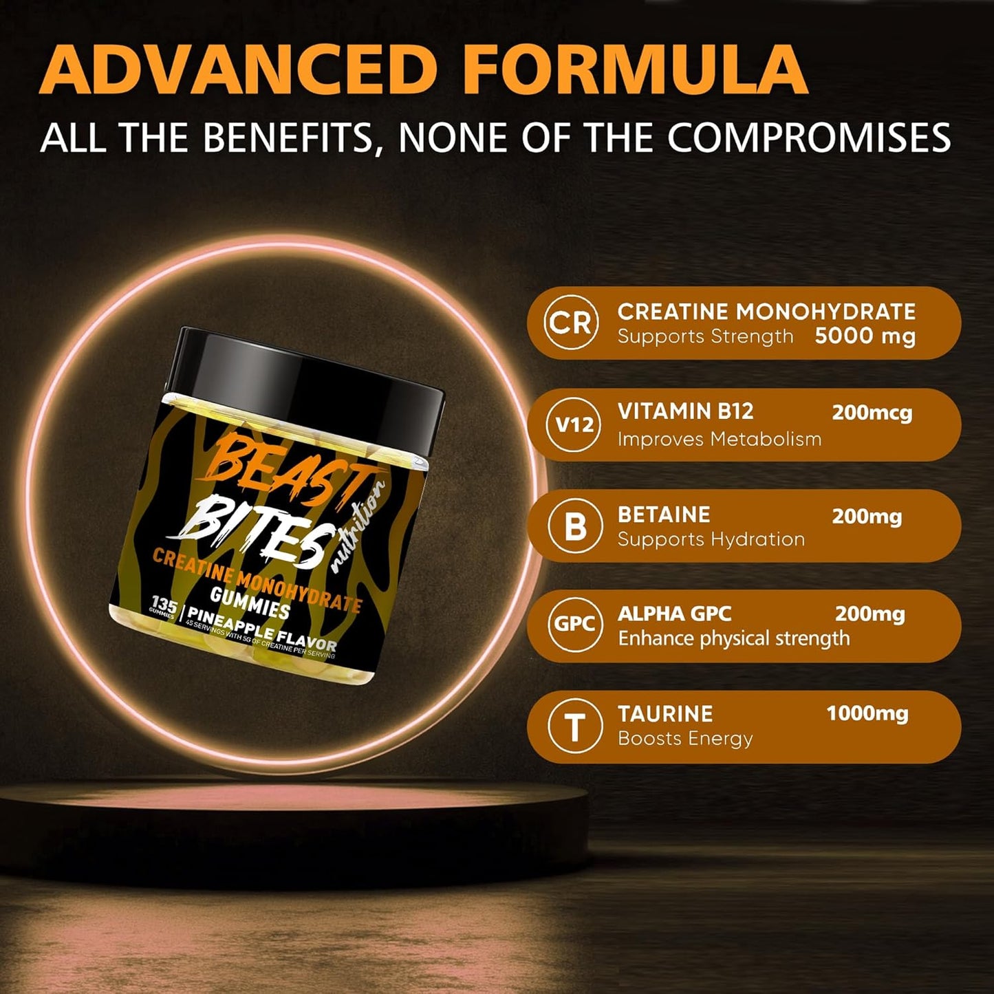 Creatine Monohydrate Gummies for Men & Women - 5g of Creatine Monohydrate per Serving - Sugar Free,Vegan, Pineapple Flavor, 135 Count (45 Servings)