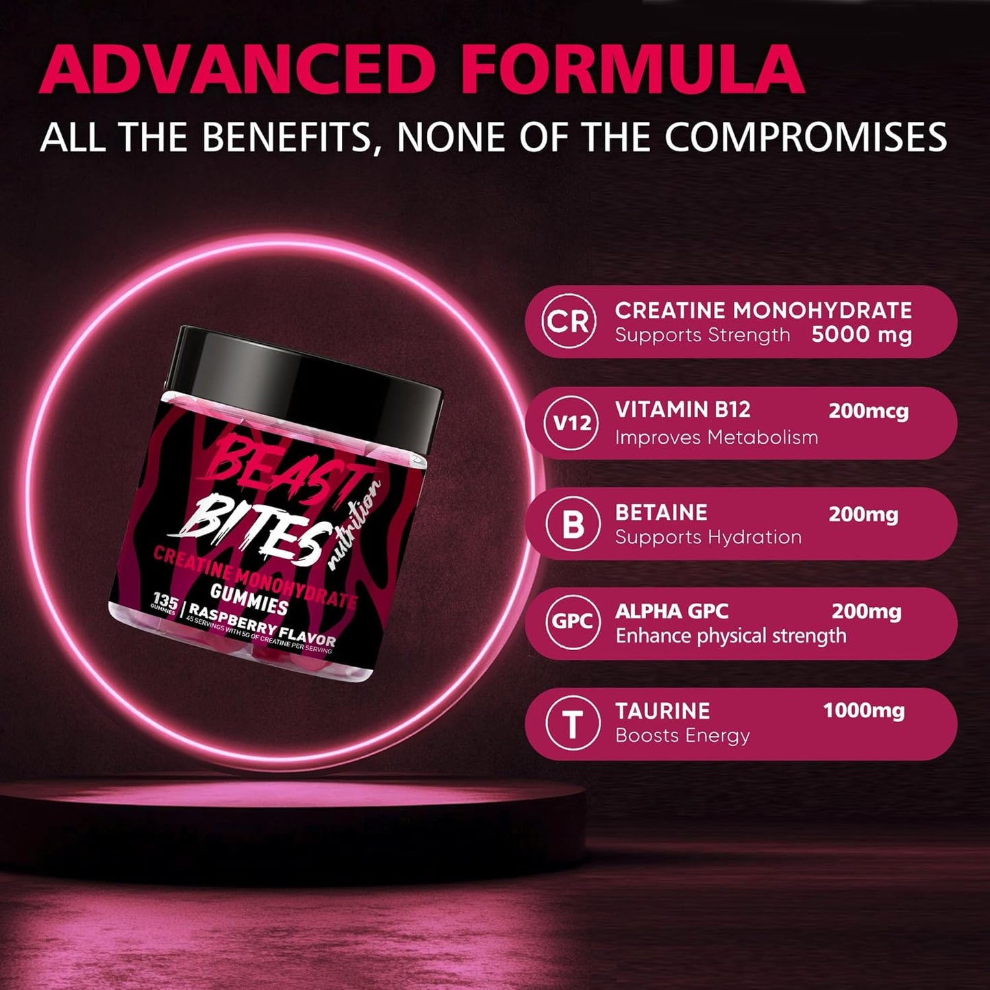 Creatine Monohydrate Gummies for Men & Women - 5g of Creatine Monohydrate per Serving - Sugar Free,Vegan, Raspberry Flavor, 135 Count (45 Servings).
