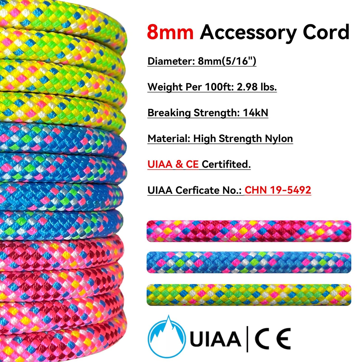 BlazeBeam 8mm Accessory Cord 30M (100ft) UIAA Rock Climbing Rope 14Kn High Tensile Strength Rock Climbing Accessories Cord Double Braid Nylon Cord for Mountain Tree Climbing, Canyoneering,Fire Rescue
