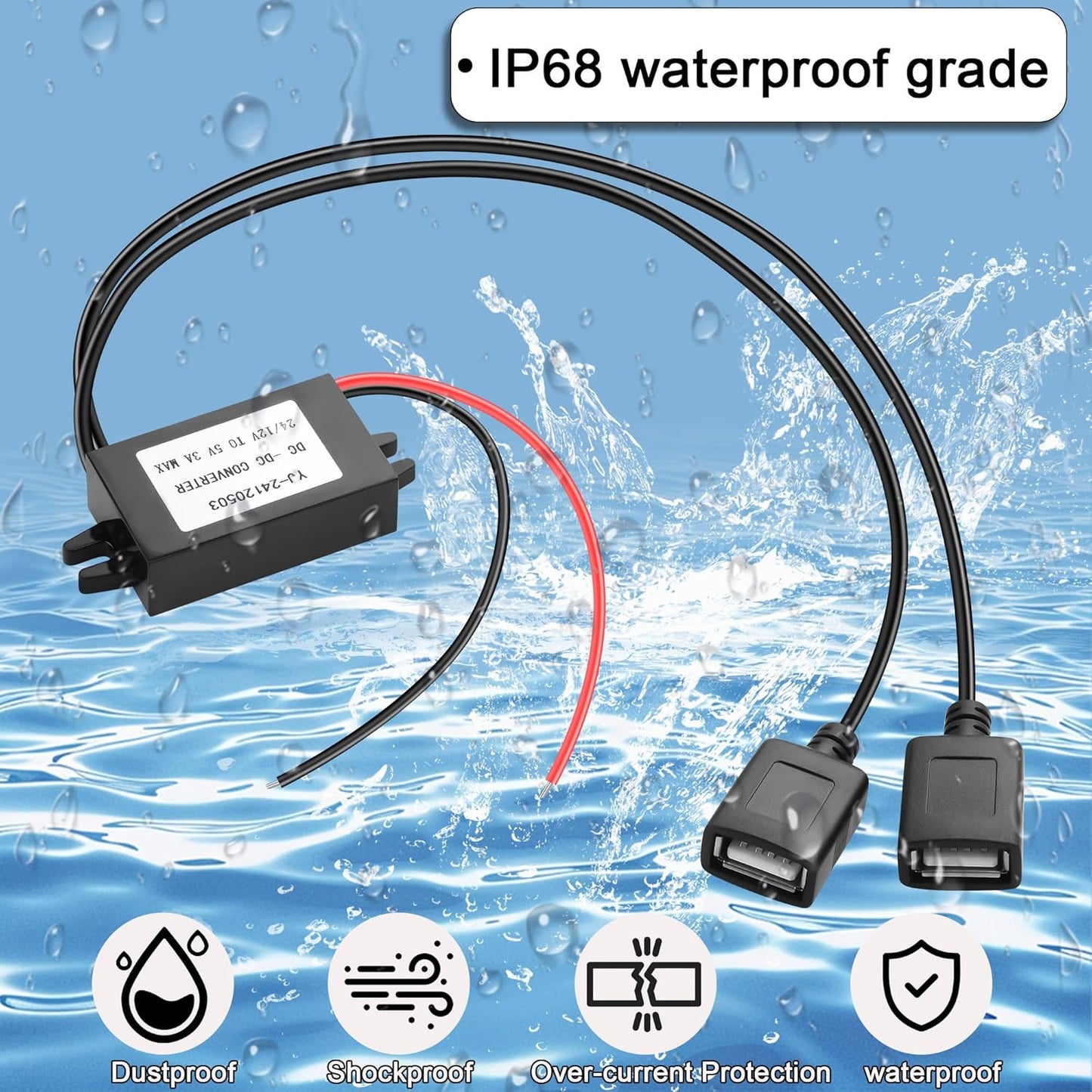 JSADZKJ 12V 24V 5V 3A 15W DIY30cm/1ft(Double DC to Dual USB Female Power Converter,DC-D C Step Down Power